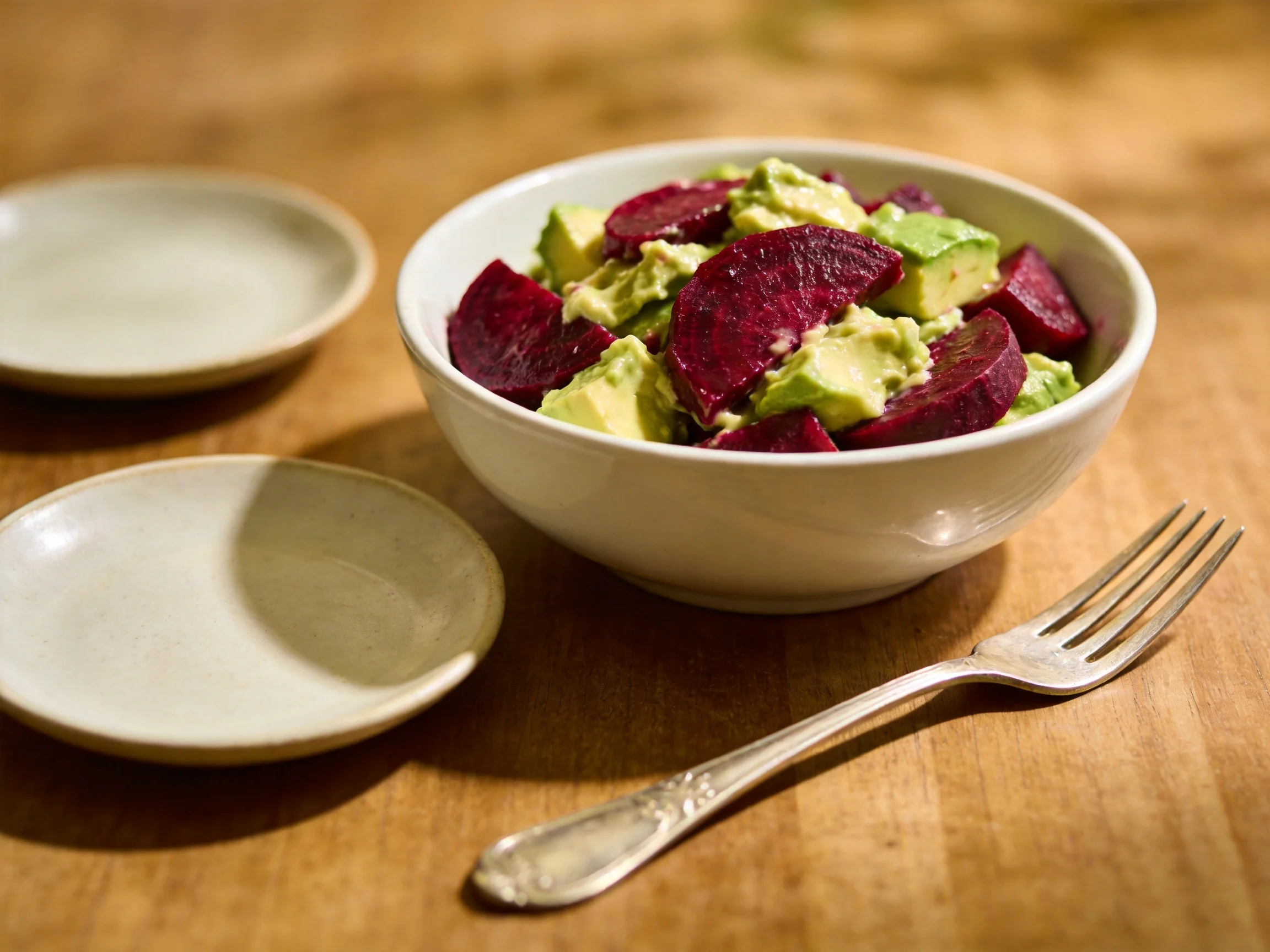 A bowl of beet and avocado salad with utensils on a wooden table
