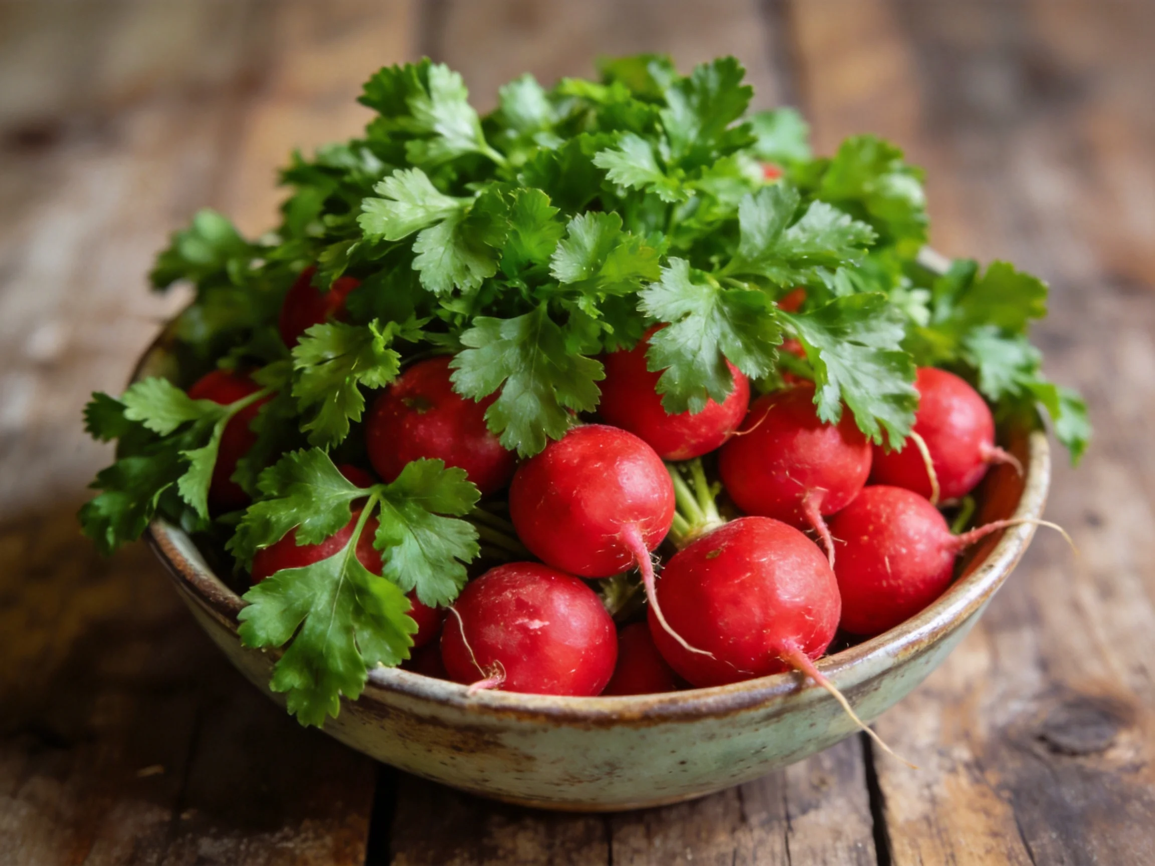 A bowl of bright red radishes topped with fresh green cilantro