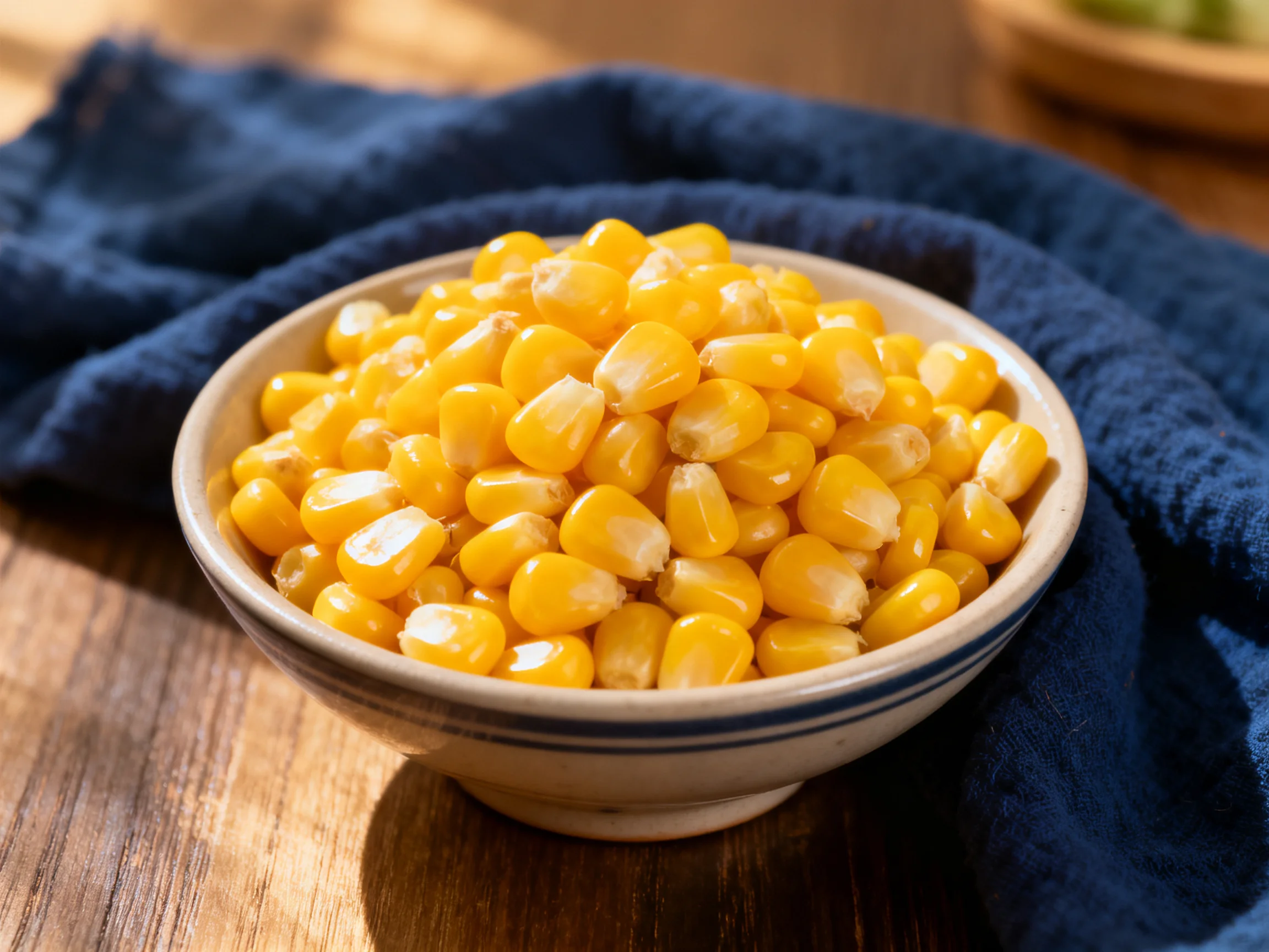 A bowl of bright yellow corn kernels in a striped ceramic dish