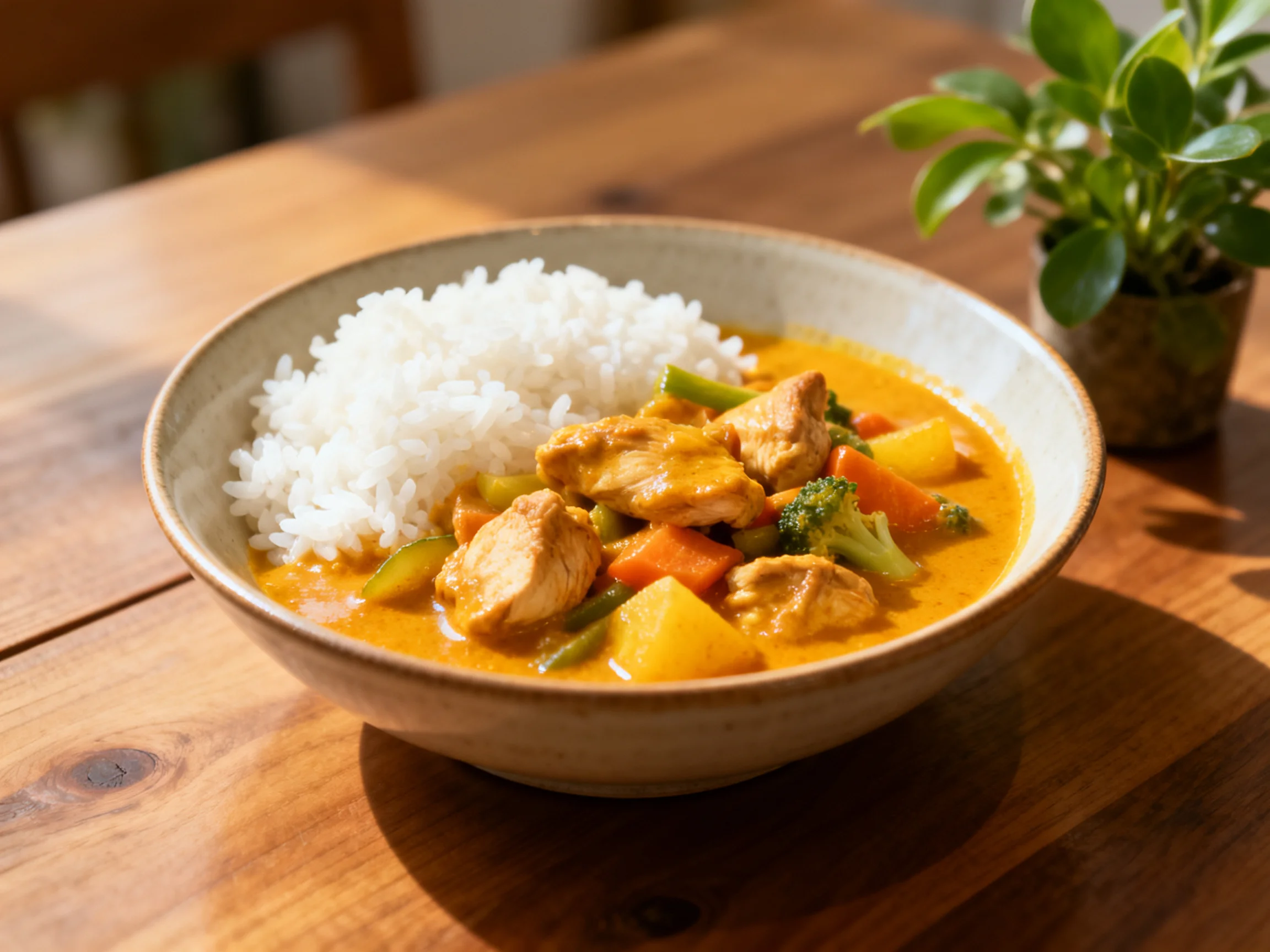 A bowl of chicken curry with white rice and mixed vegetables