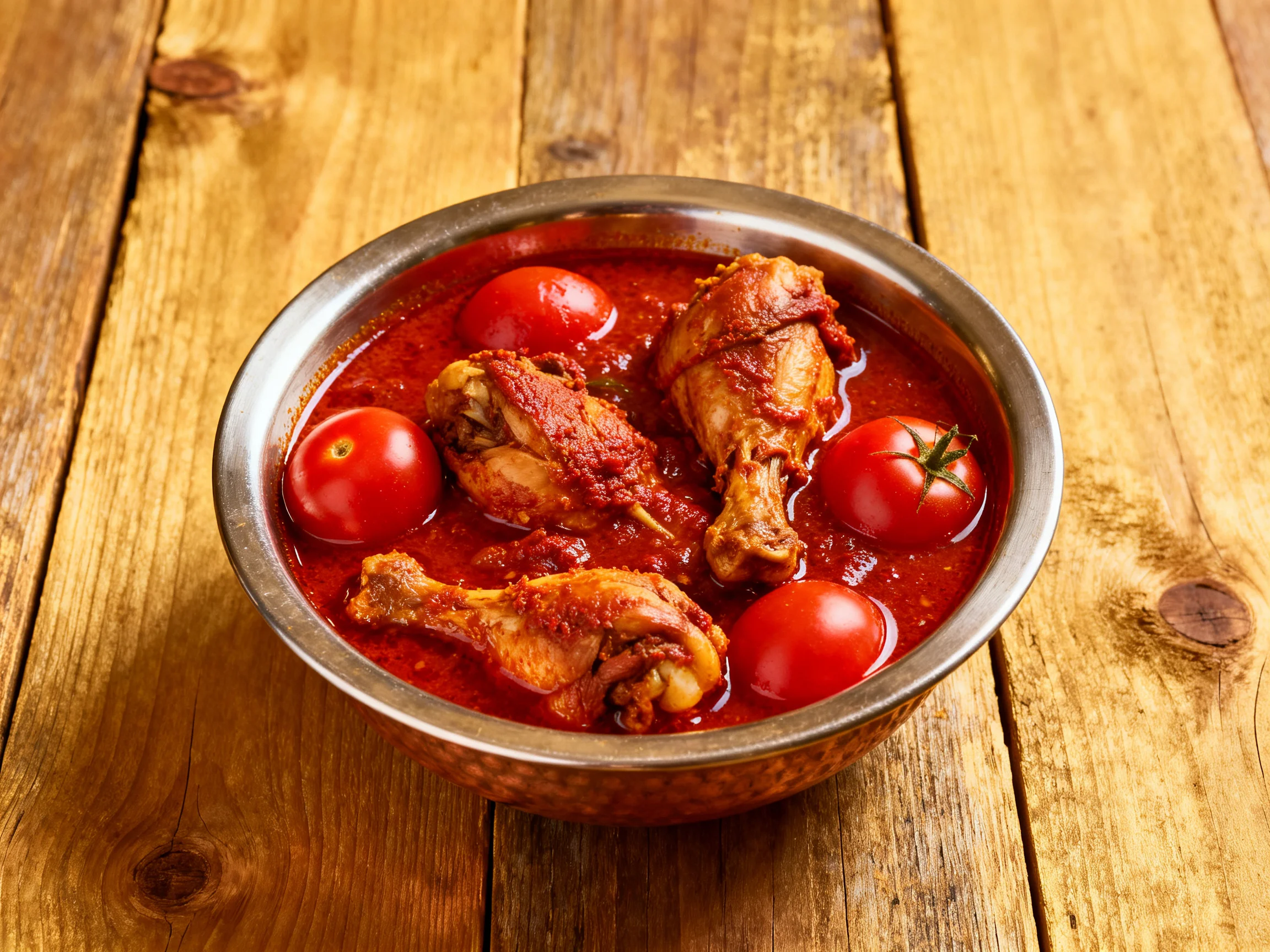A bowl of chicken drumsticks in rich red curry sauce with cherry tomatoes