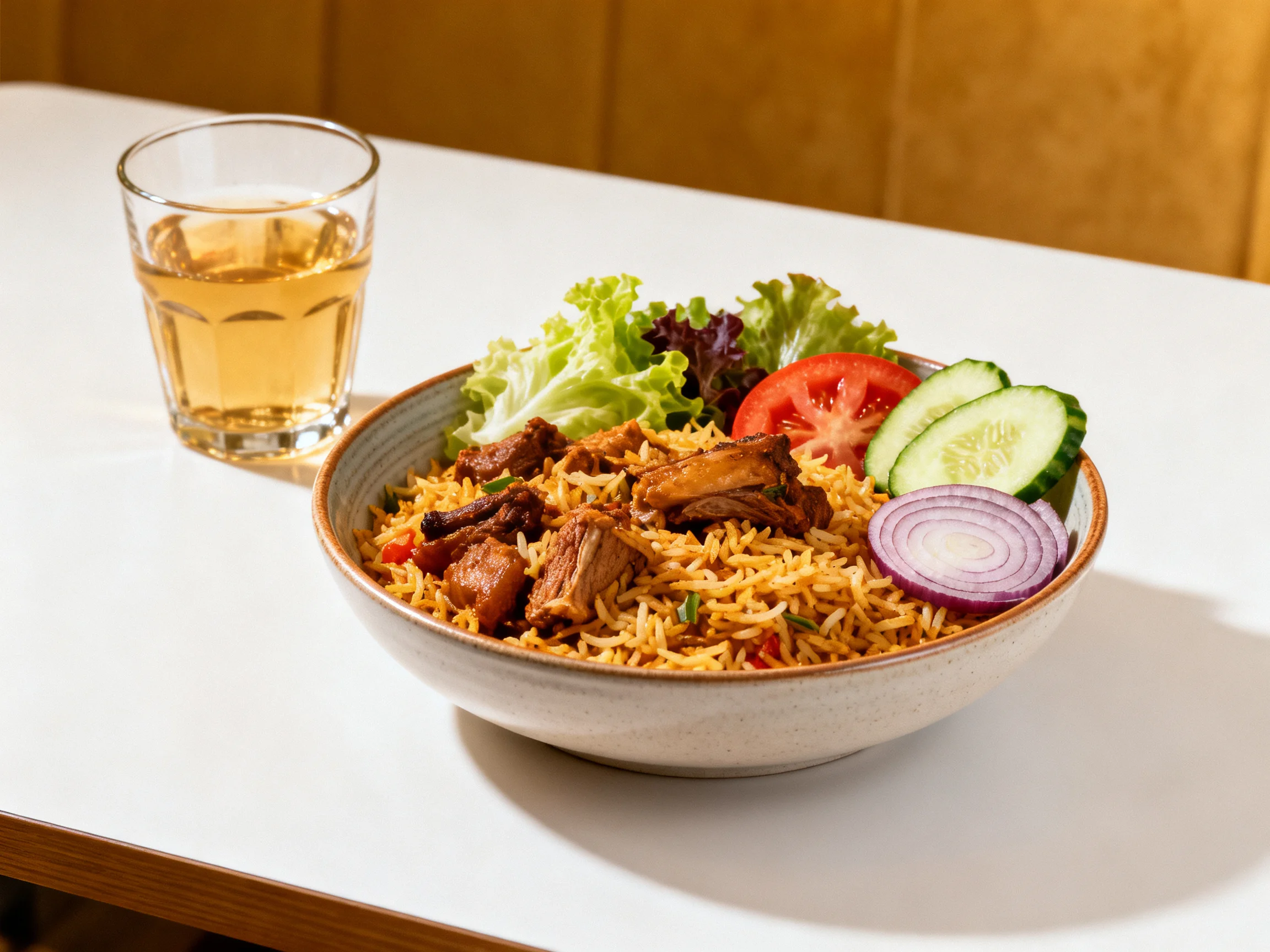 A bowl of colorful biryani with fresh vegetable sides and a glass of golden beverage