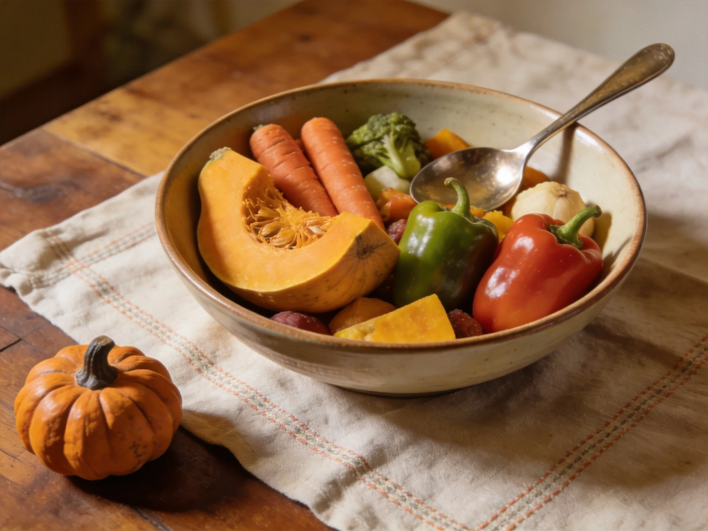A bowl of colorful fall vegetables with a decorative pumpkin nearby