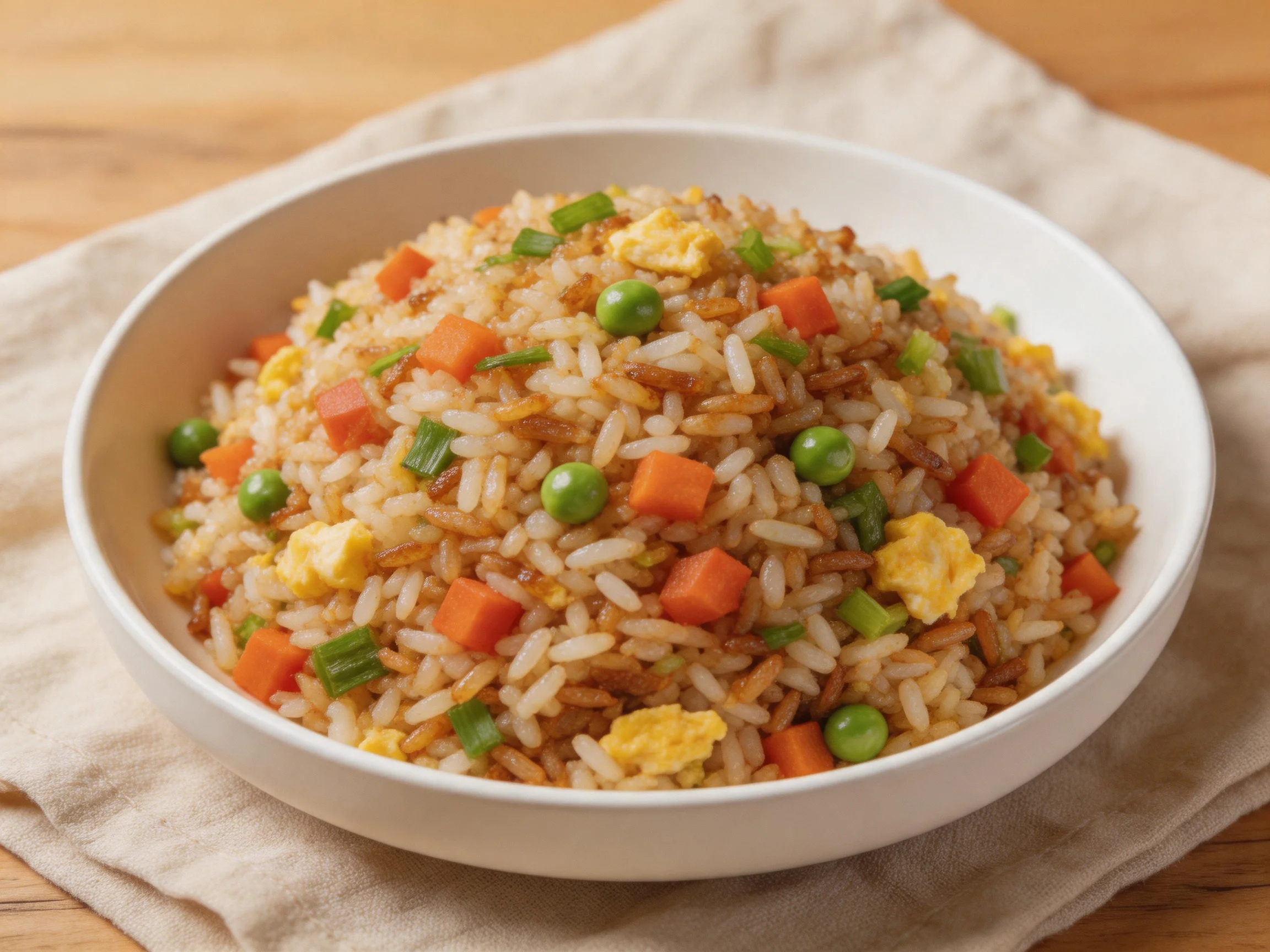A bowl of colorful fried rice with carrot, pea, and egg pieces