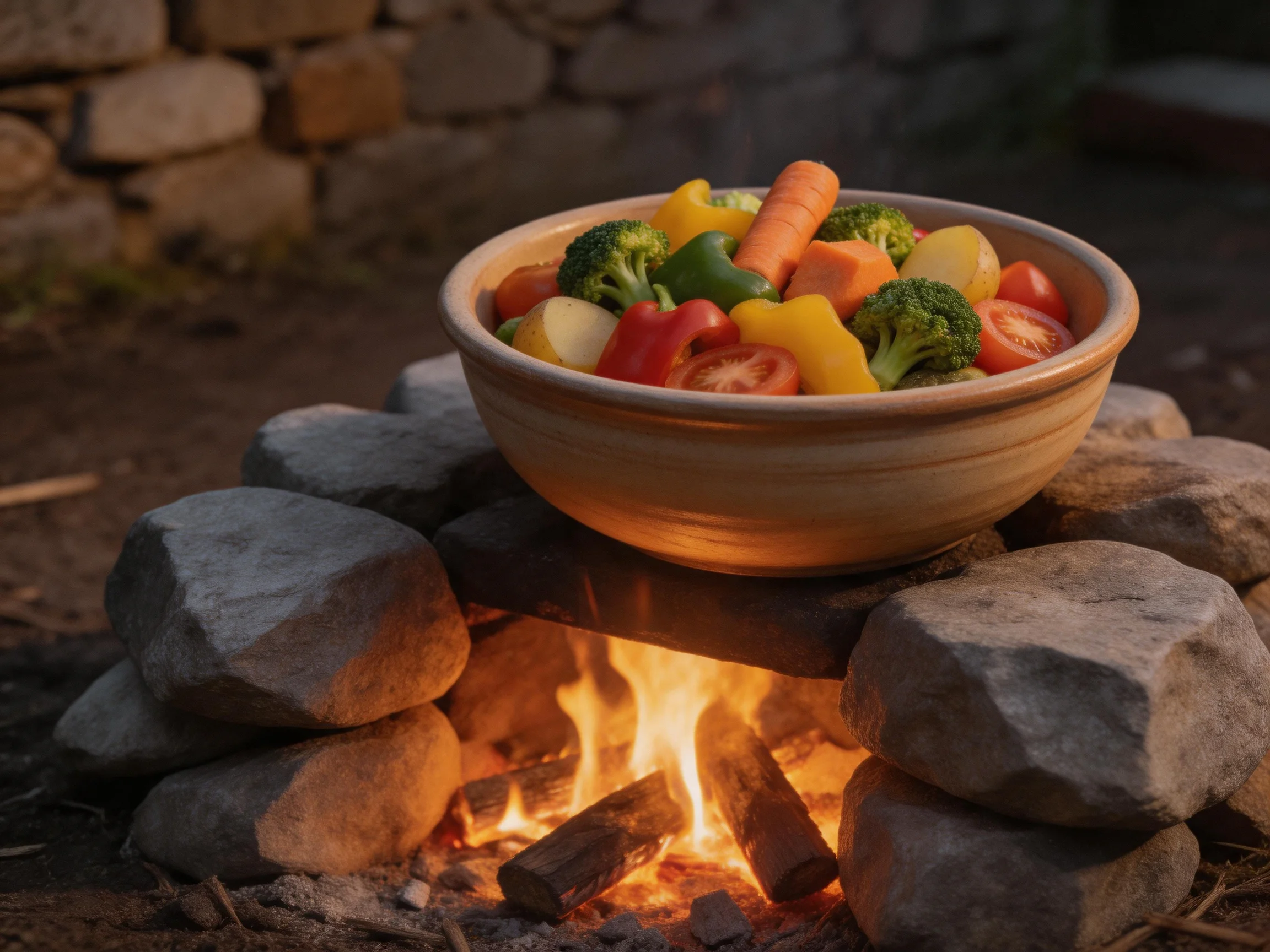 A bowl of colorful mixed vegetables sits atop a stone fire pit with flames