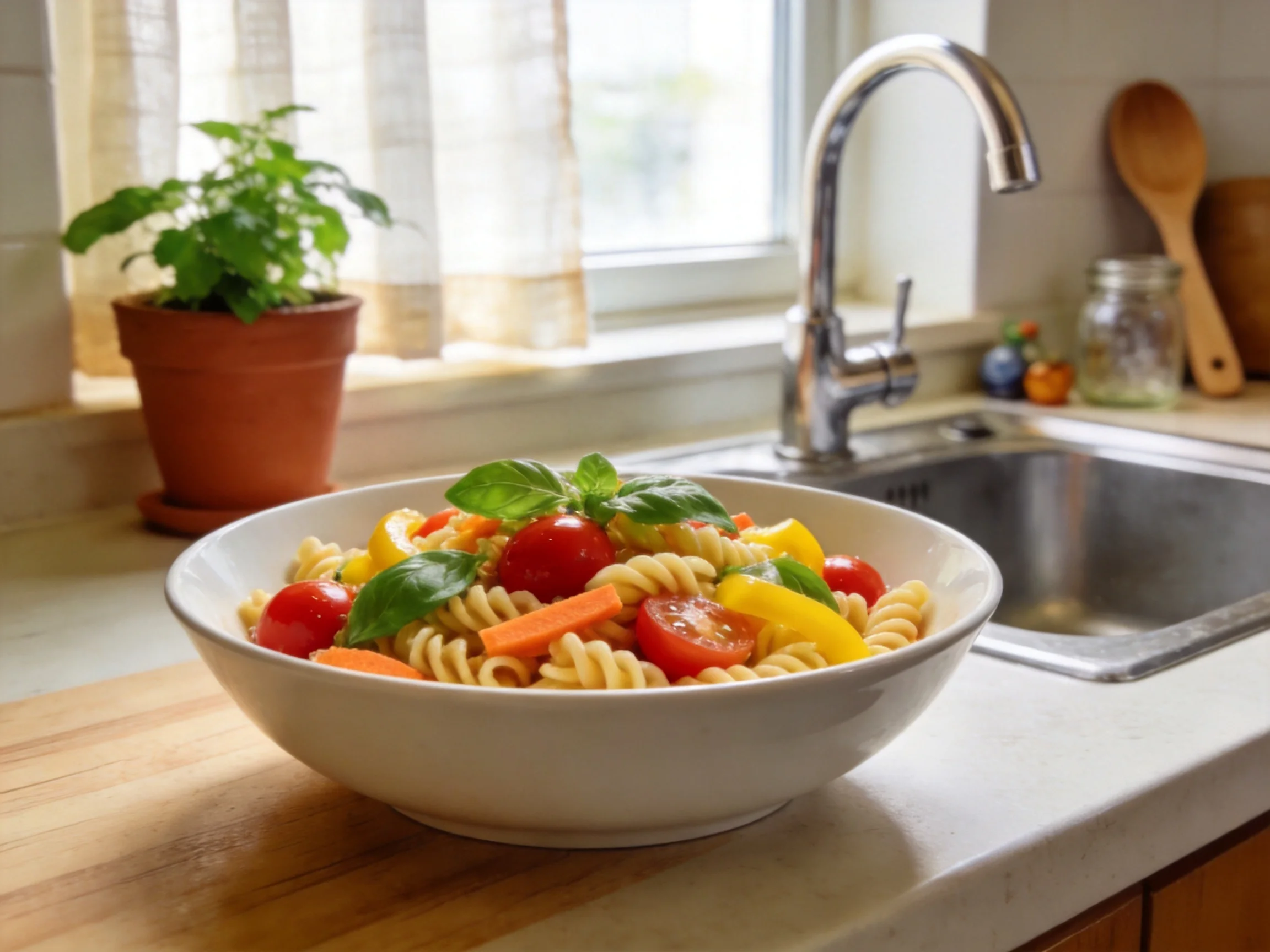 A bowl of colorful pasta salad with cherry tomatoes and basil by a kitchen sink