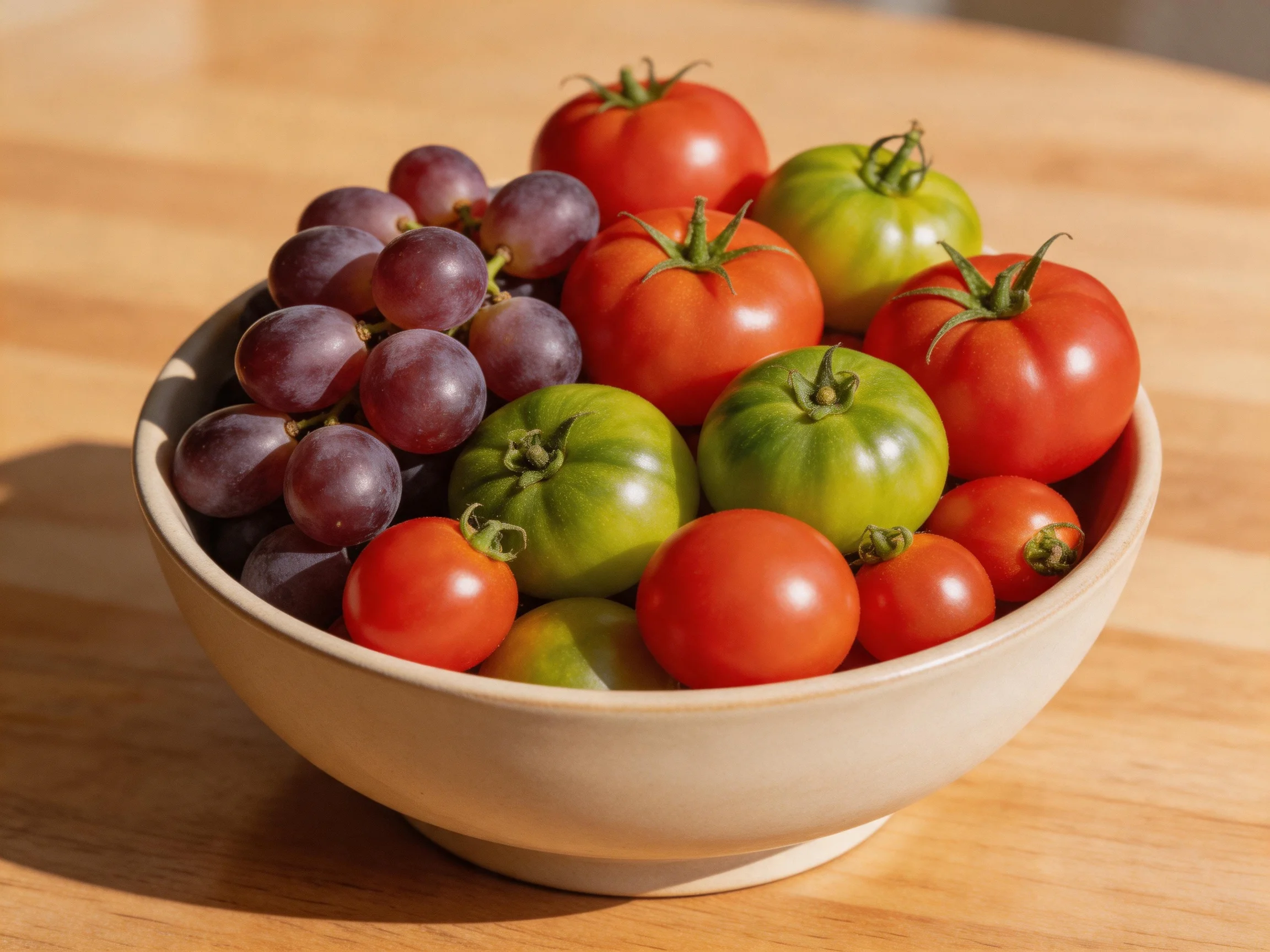 A bowl of colorful tomatoes and purple grapes on a wooden surface