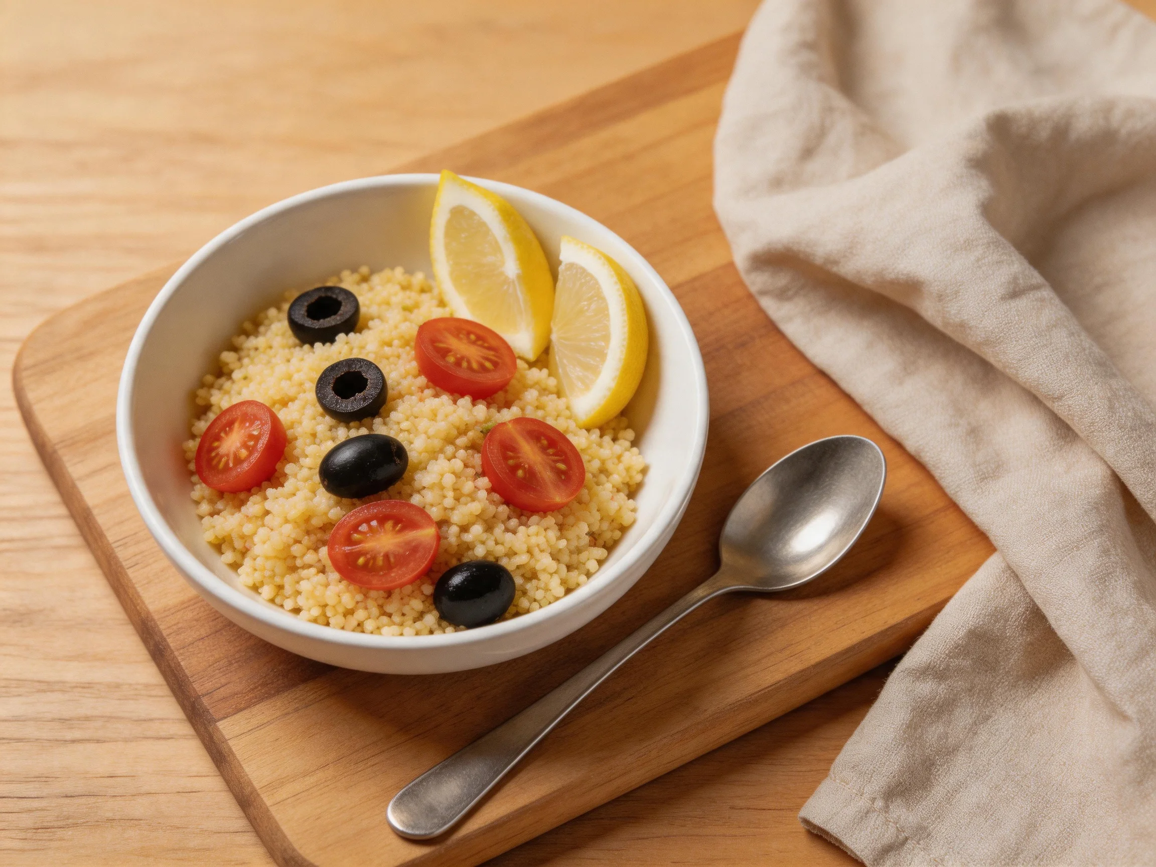 A bowl of couscous with cherry tomatoes, black olives, and lemon wedges