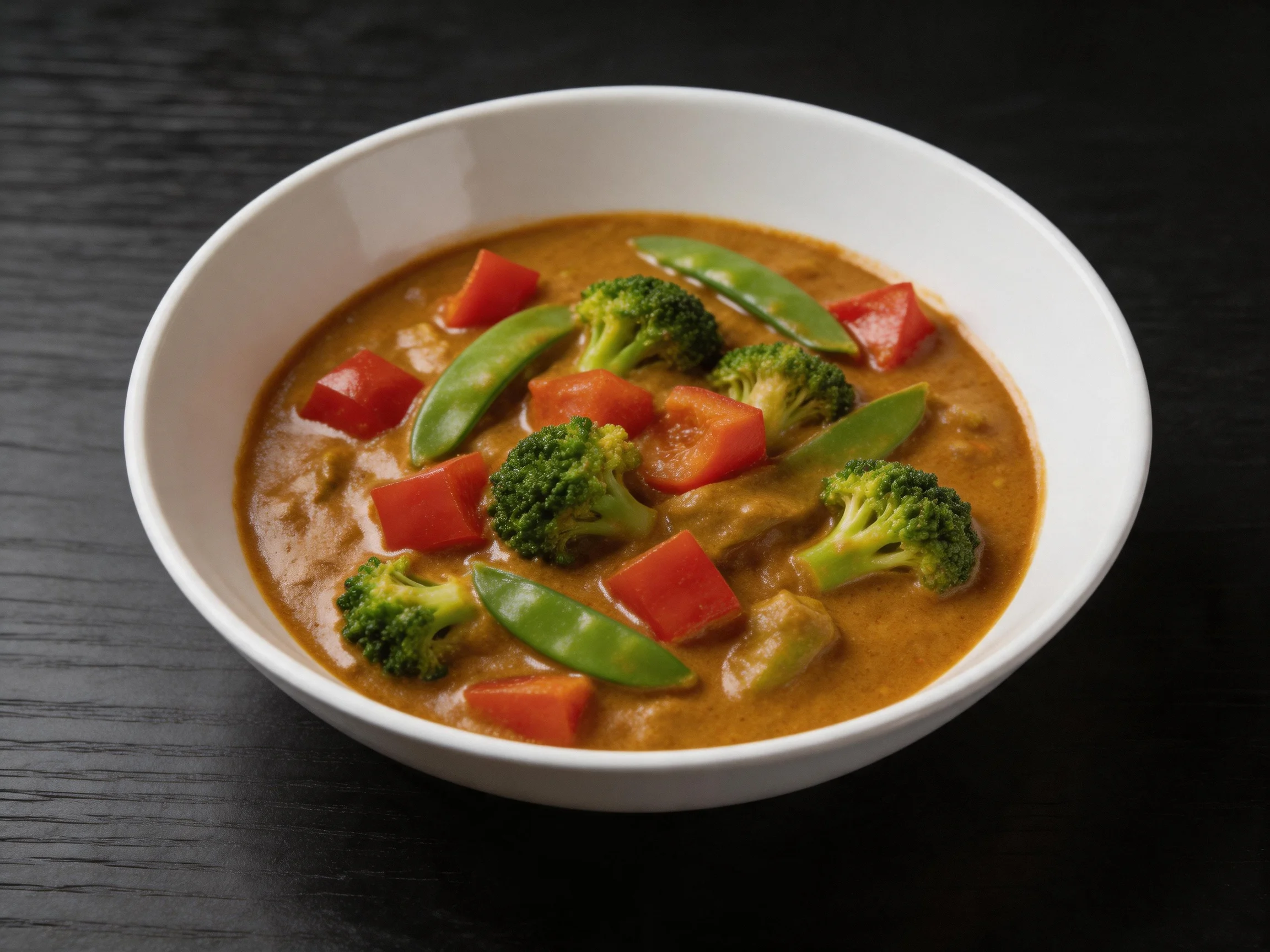 A bowl of creamy curry with broccoli, snow peas, and red bell peppers