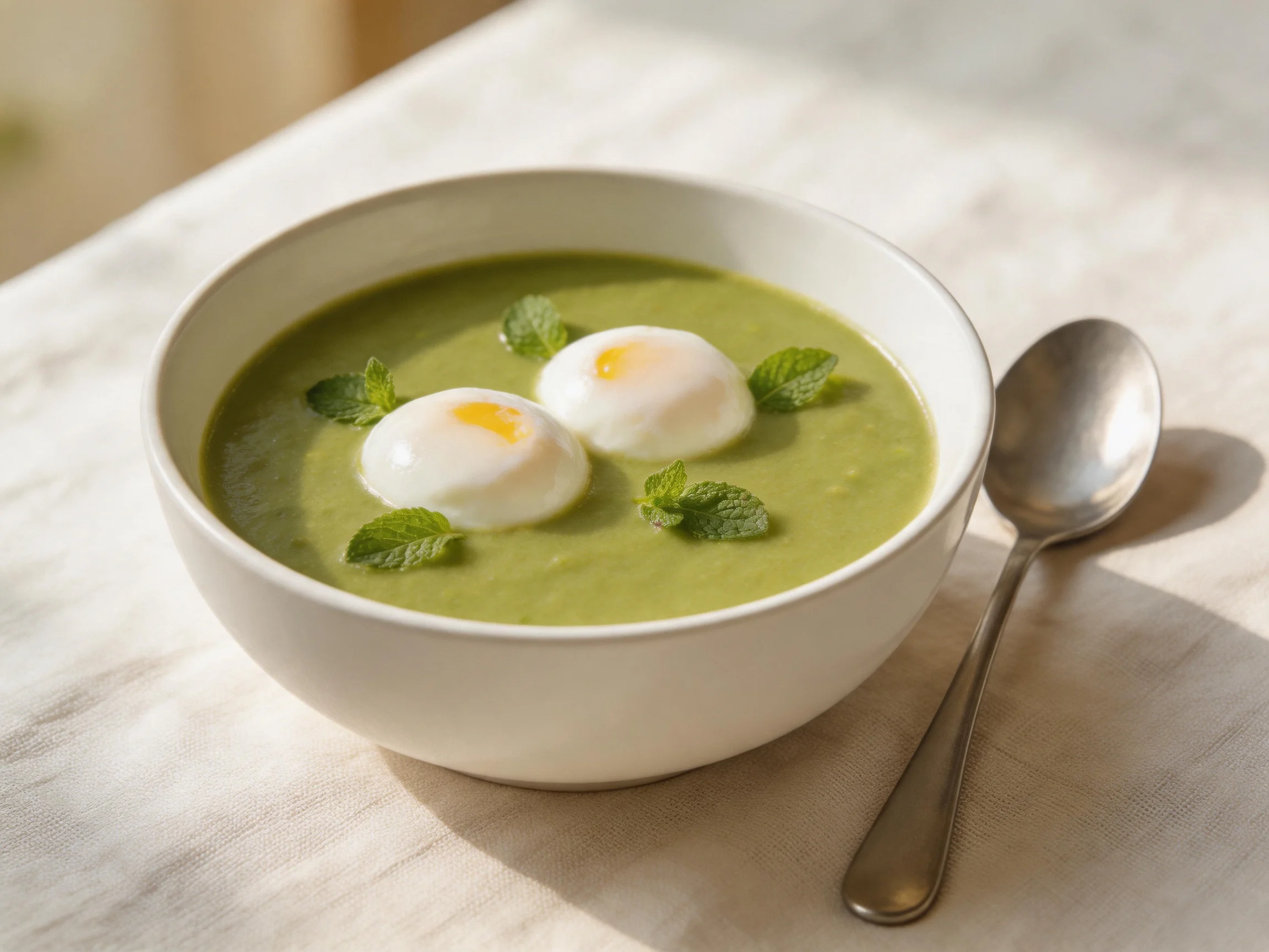 A bowl of creamy green soup with poached eggs and mint garnish