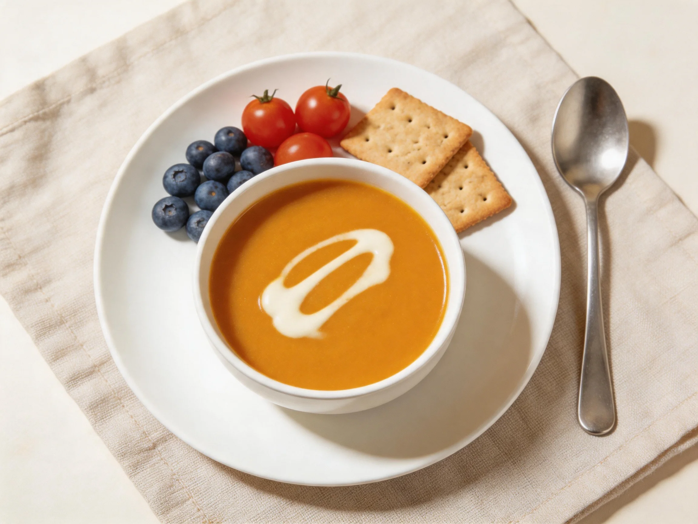 A bowl of creamy orange soup with cream swirl, blueberries, cherry tomatoes, and crackers on a white 