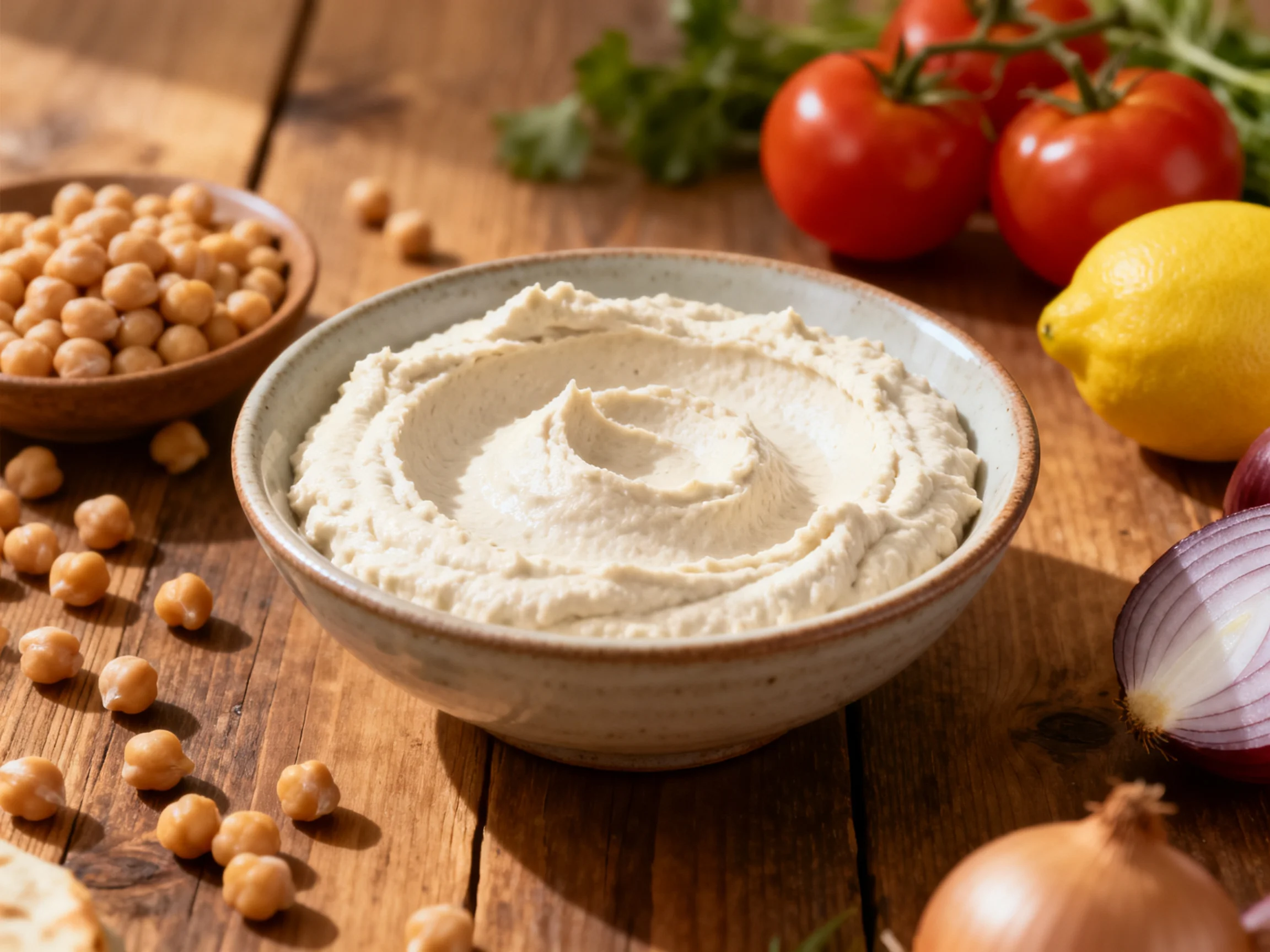 A bowl of creamy white hummus surrounded by fresh chickpeas, tomatoes, lemon, and onions on rustic wo