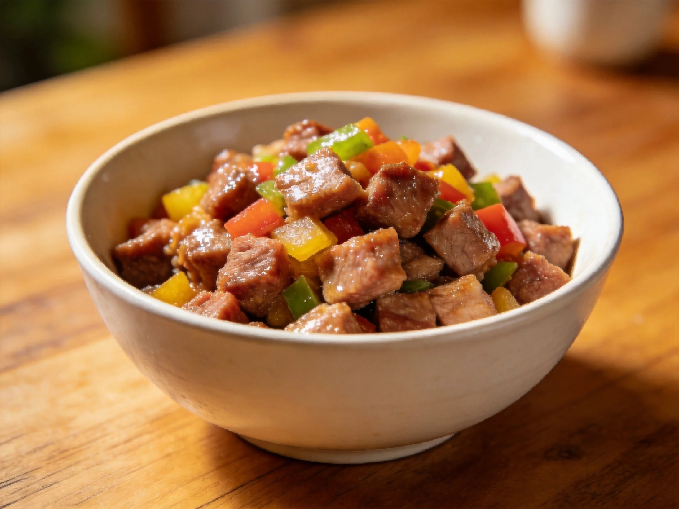 A bowl of diced meat mixed with colorful bell peppers on a wooden table
