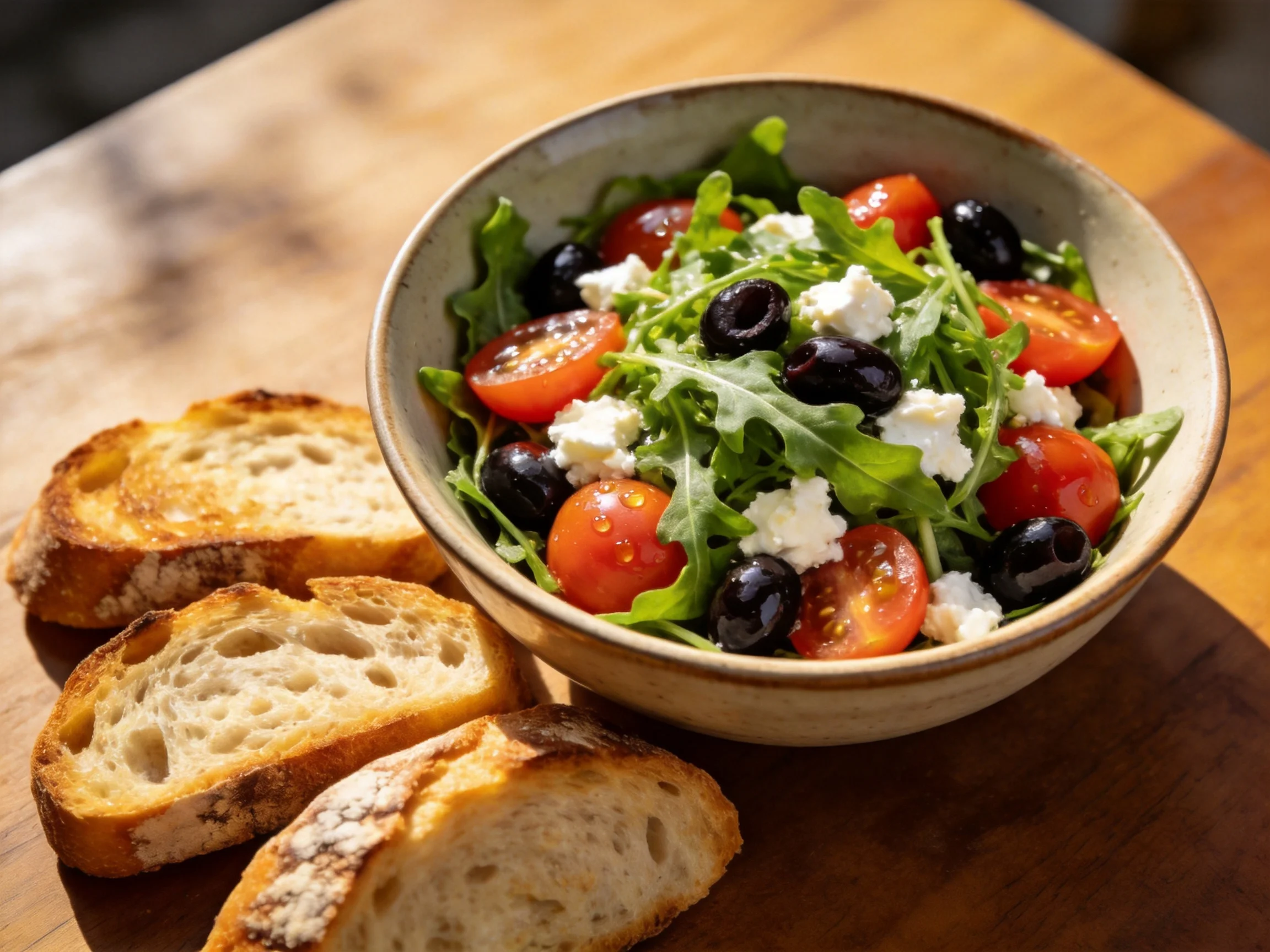 A bowl of fresh arugula salad with cherry tomatoes, black olives, and feta cheese beside toasted brea