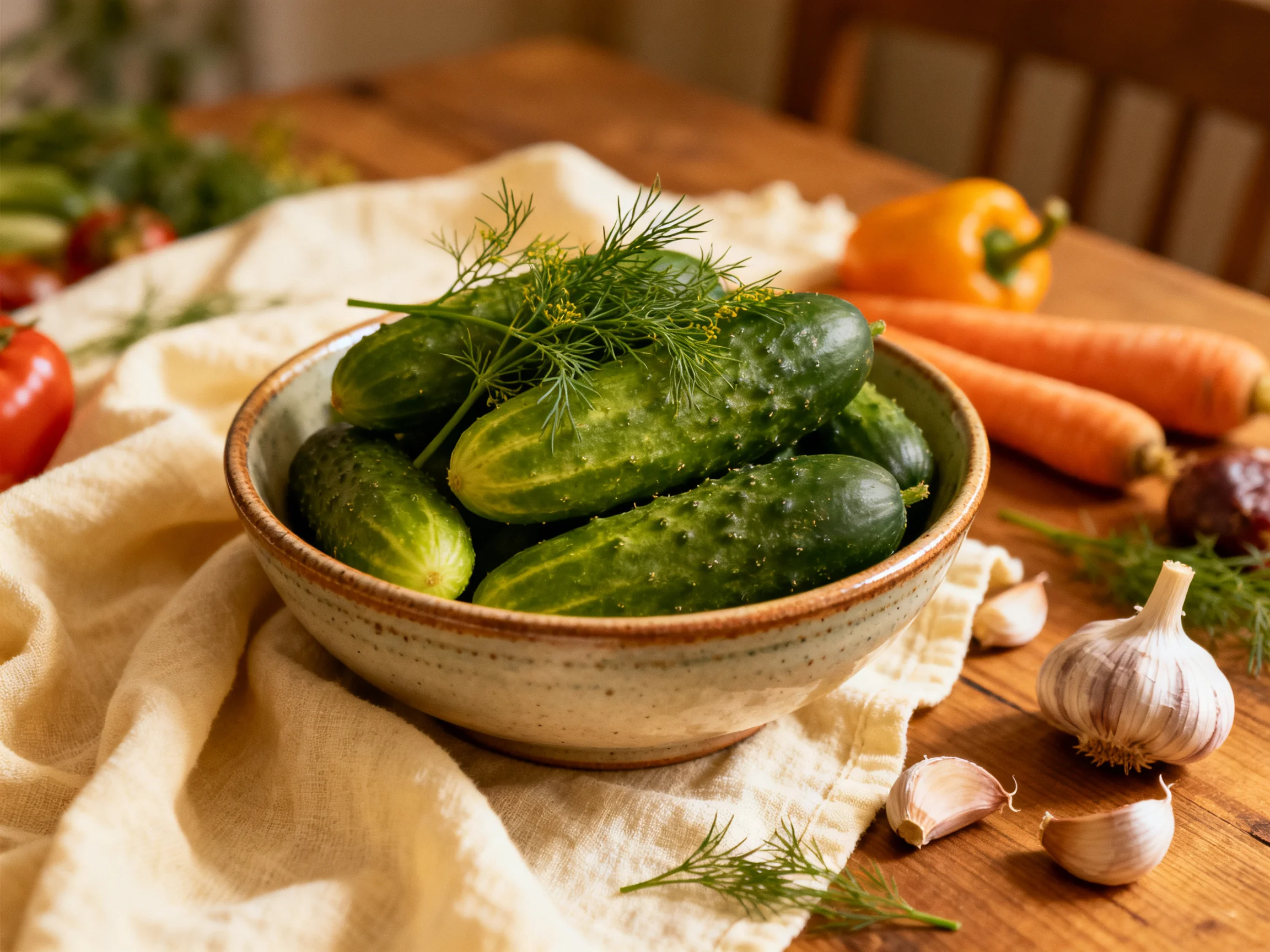 A bowl of fresh cucumbers surrounded by colorful vegetables on rustic wood