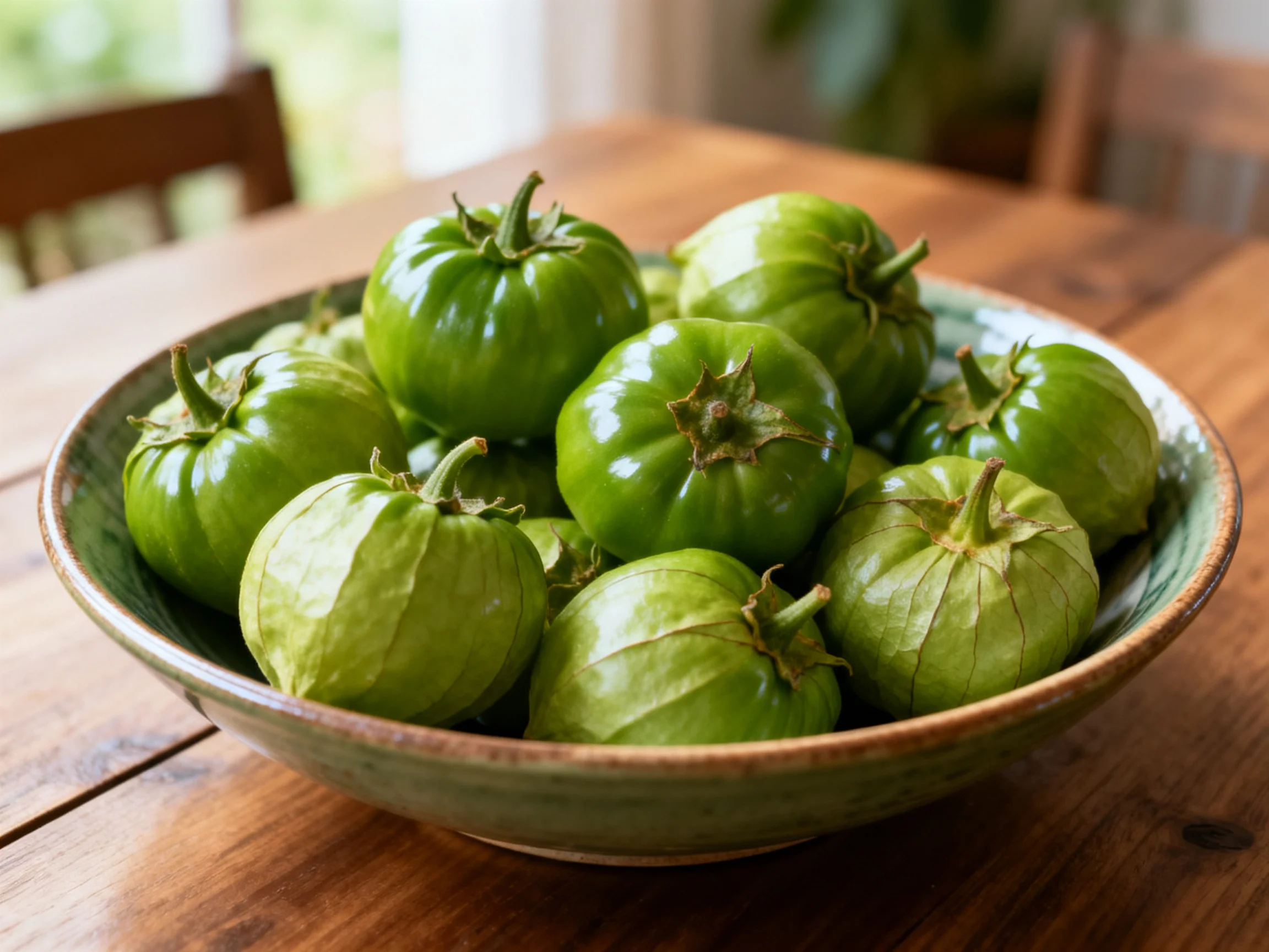 A bowl of fresh green tomatoes arranged on a wooden table