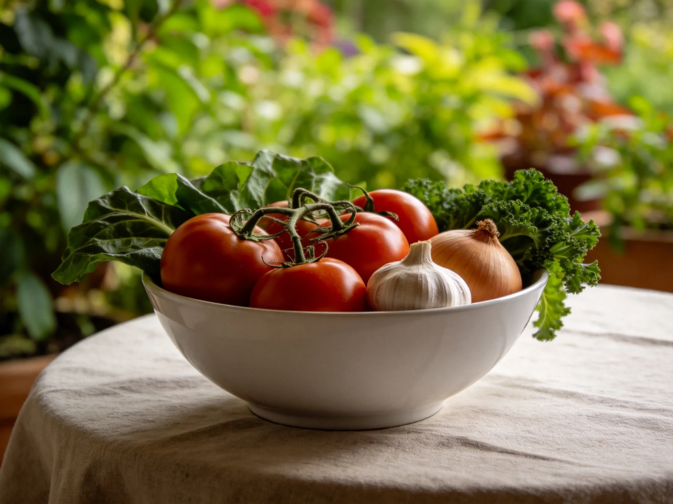 A bowl of fresh vegetables including tomatoes, garlic, onion, and leafy greens