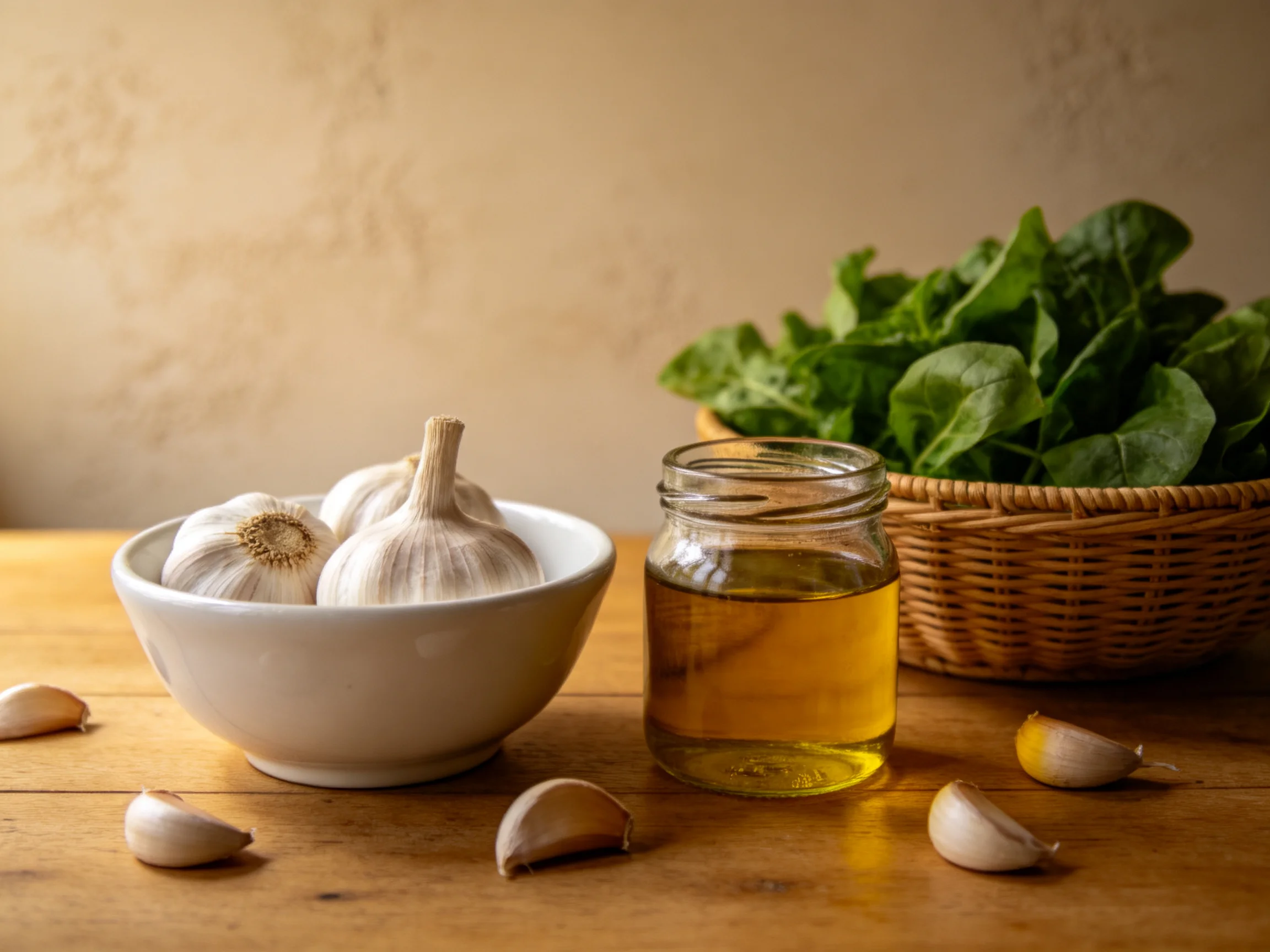 A bowl of garlic, a jar of golden oil, and fresh green vegetables