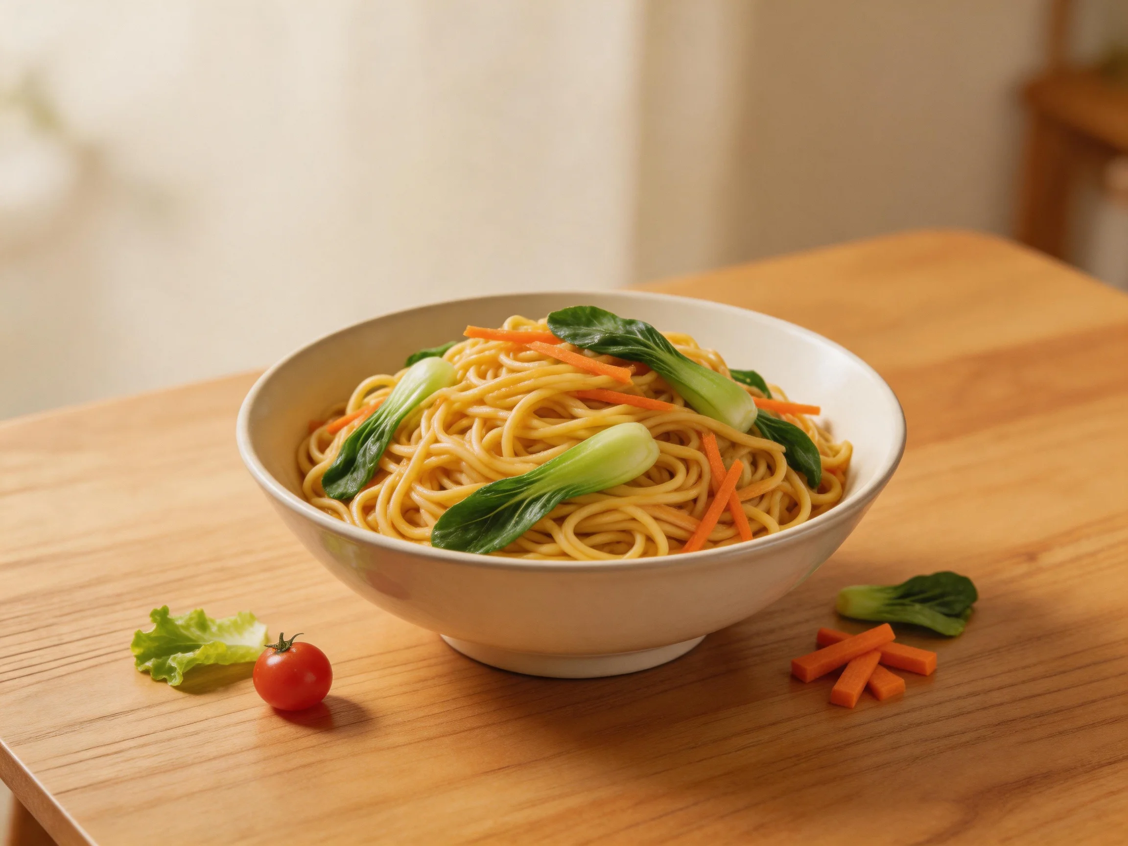 A bowl of golden noodles topped with green bok choy and orange carrot strips