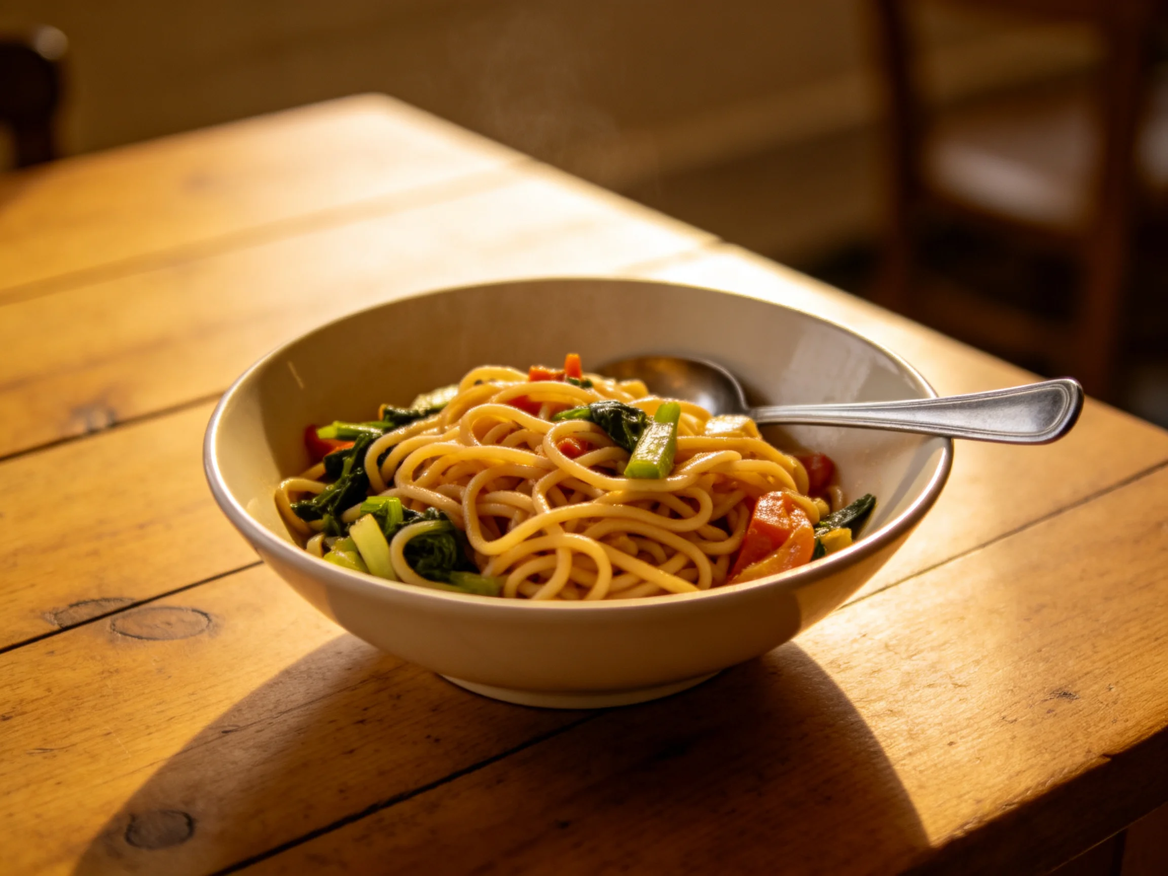 A bowl of golden noodles with mixed vegetables on a wooden table