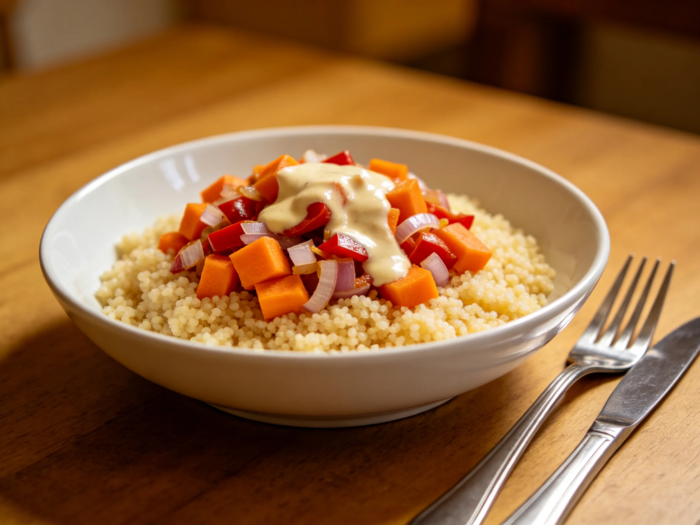 A bowl of grains topped with colorful diced vegetables and creamy sauce