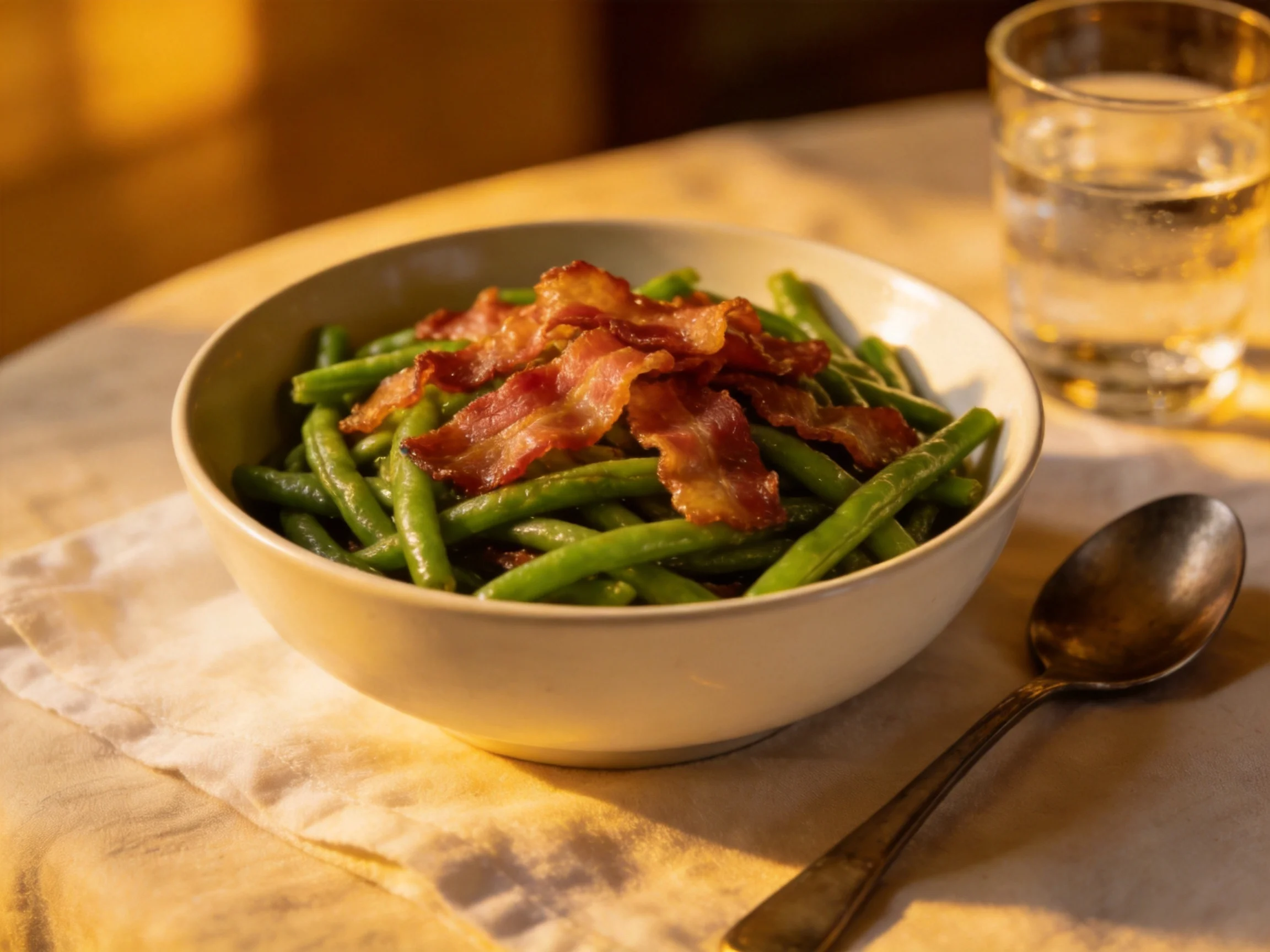 A bowl of green beans topped with crispy bacon, served with a spoon and glass
