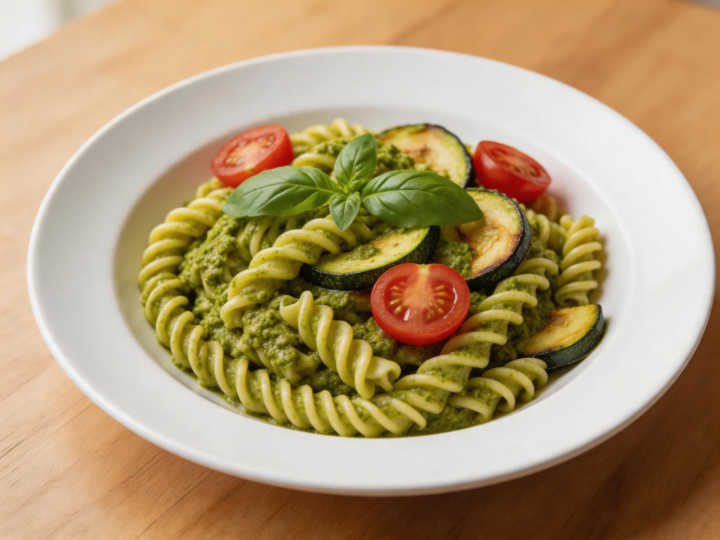 A bowl of green pesto-coated rotini pasta with cherry tomatoes, zucchini, and basil