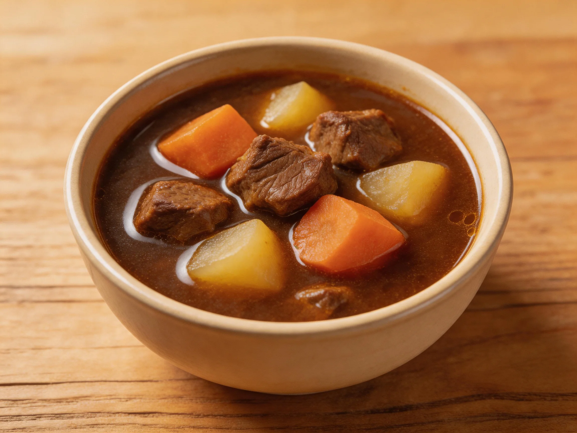 A bowl of hearty beef stew with carrots and potatoes