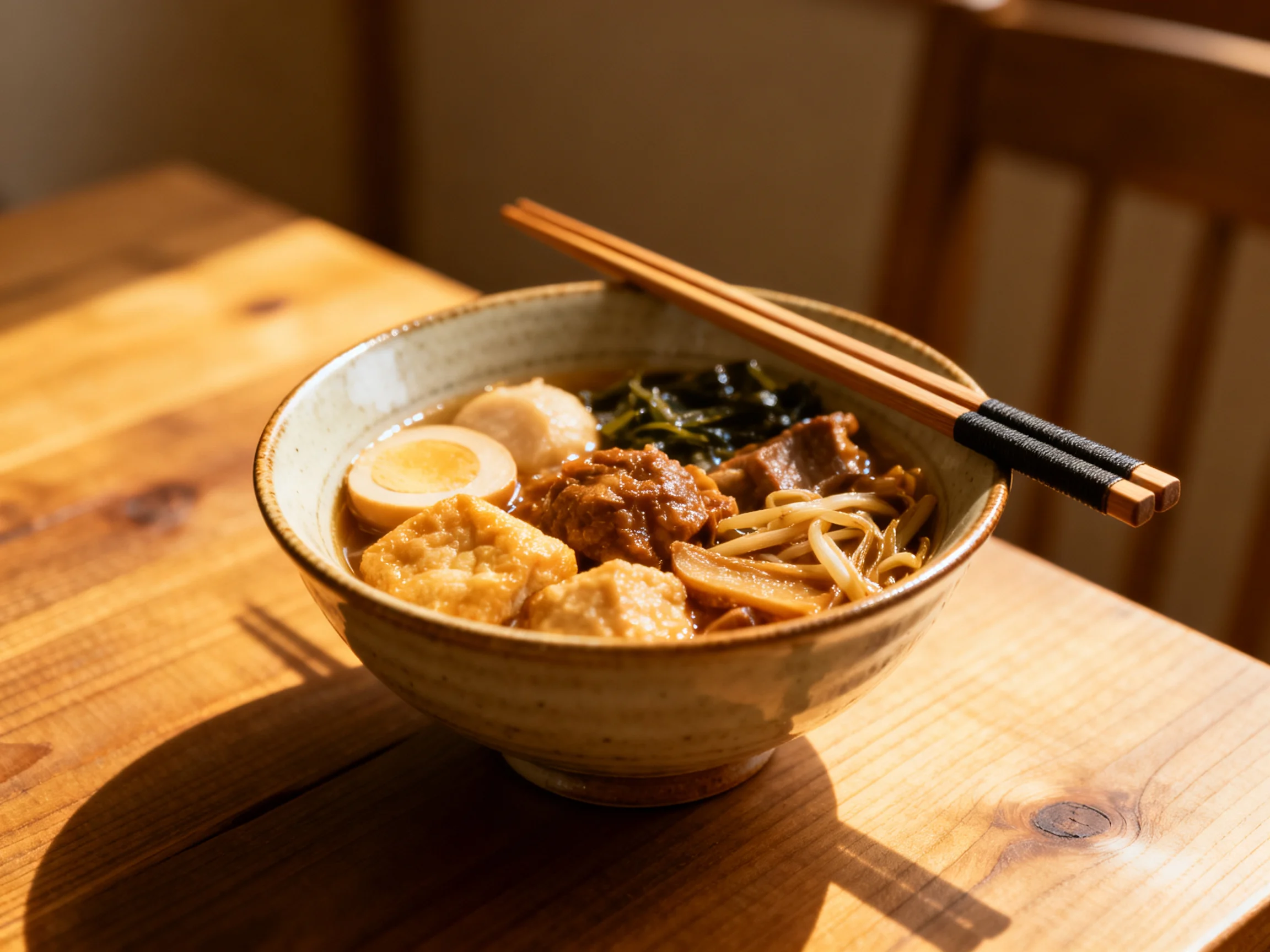A bowl of hearty noodle soup with multiple toppings and wooden chopsticks