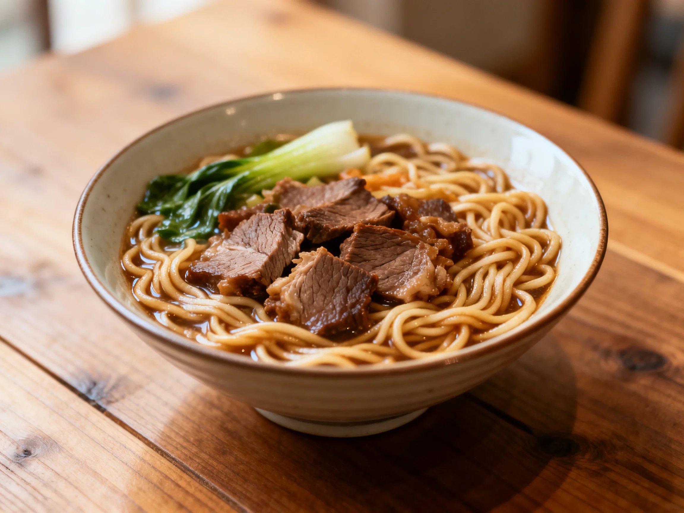 A bowl of noodles topped with braised beef and bok choy
