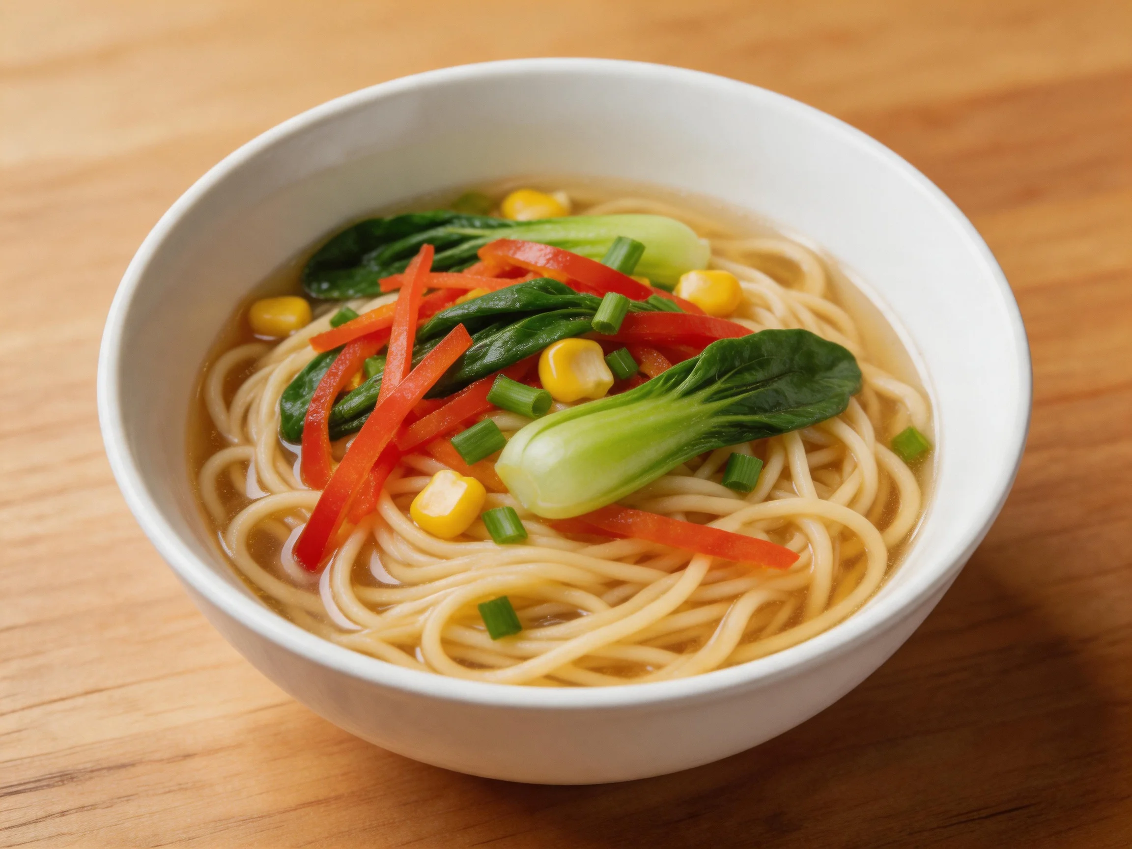 A bowl of noodles topped with corn, red peppers, and bok choy on a wooden surface
