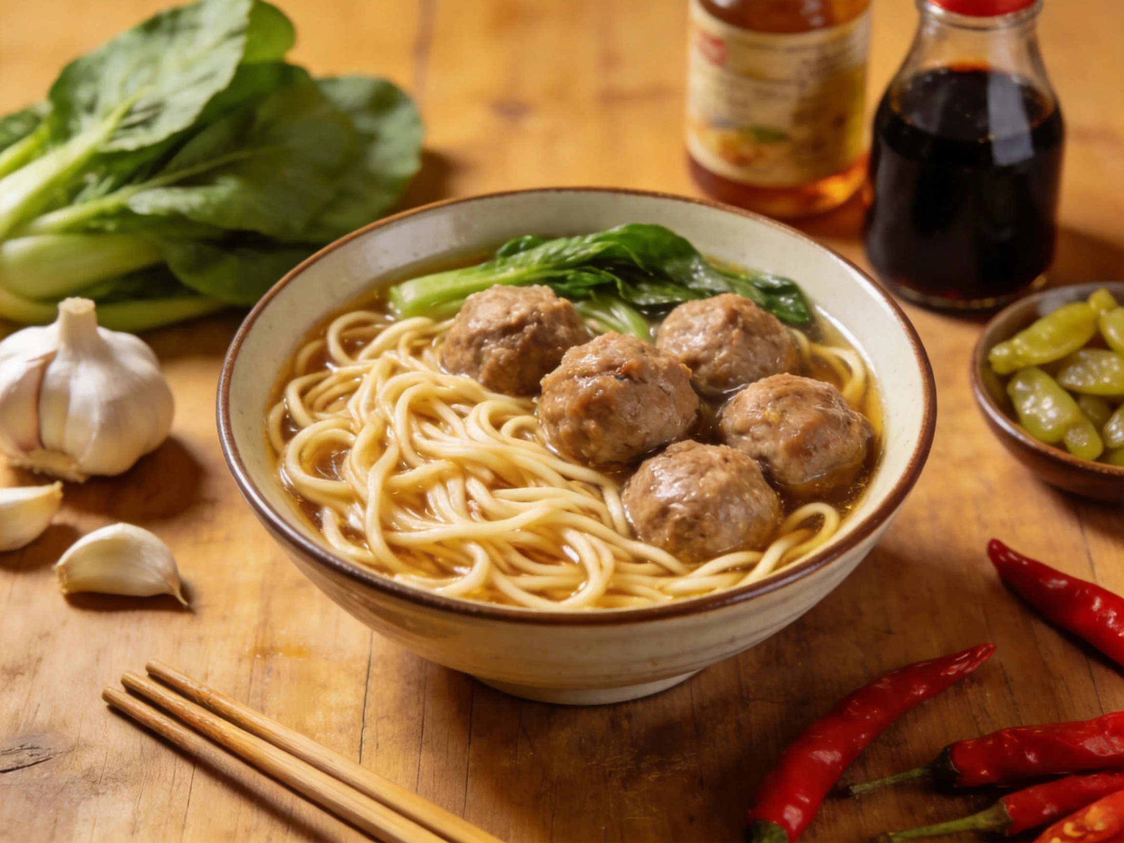 A bowl of noodles with five meatballs, green vegetables, garlic, chilies, and sauces nearby
