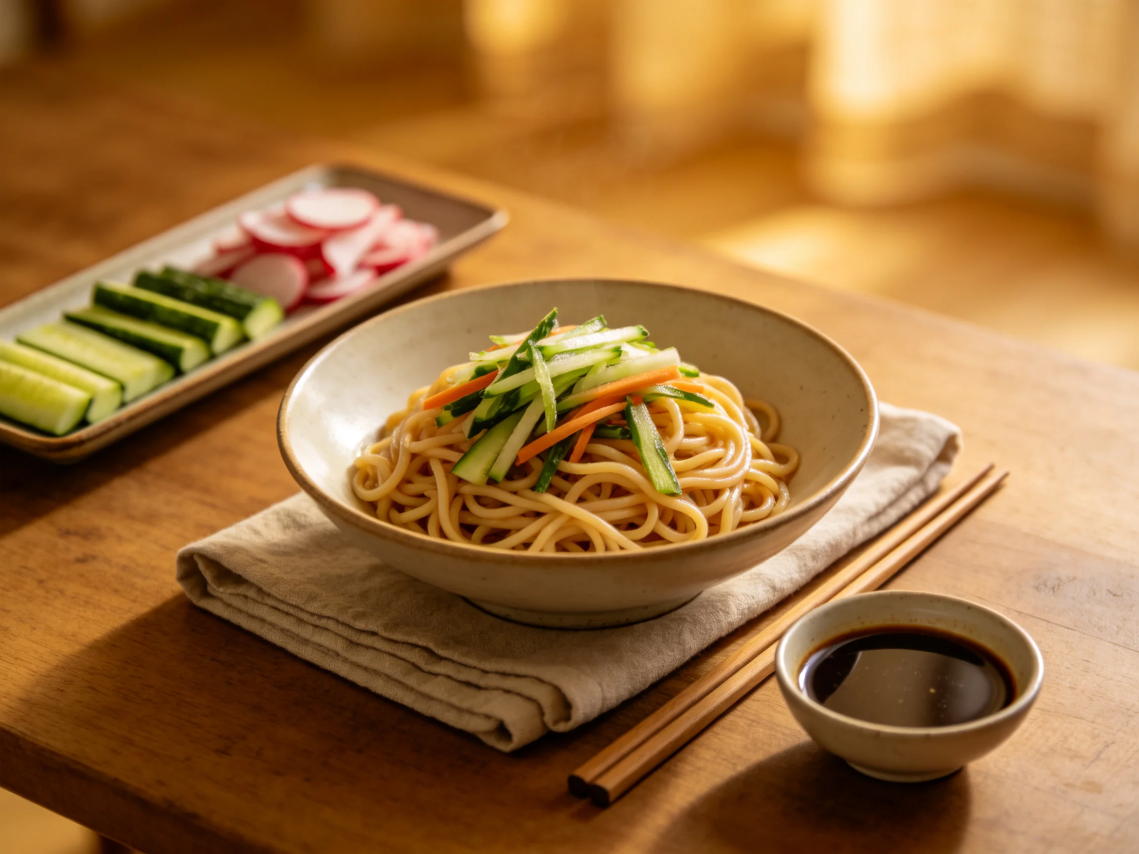 A bowl of noodles with vegetable toppings, cucumber-radish platter, and soy sauce on wooden table