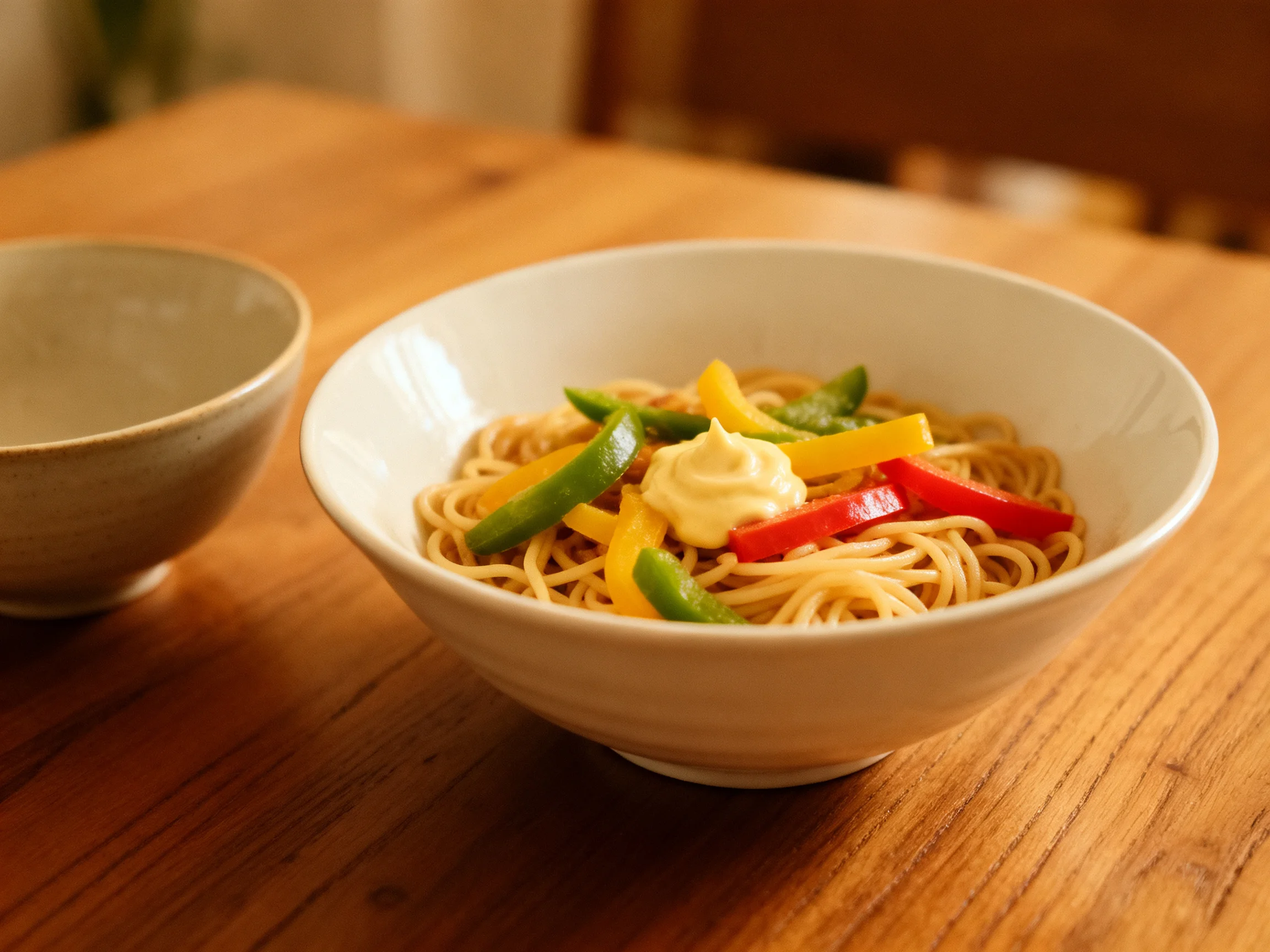 A bowl of noodles with vibrant bell peppers and creamy sauce