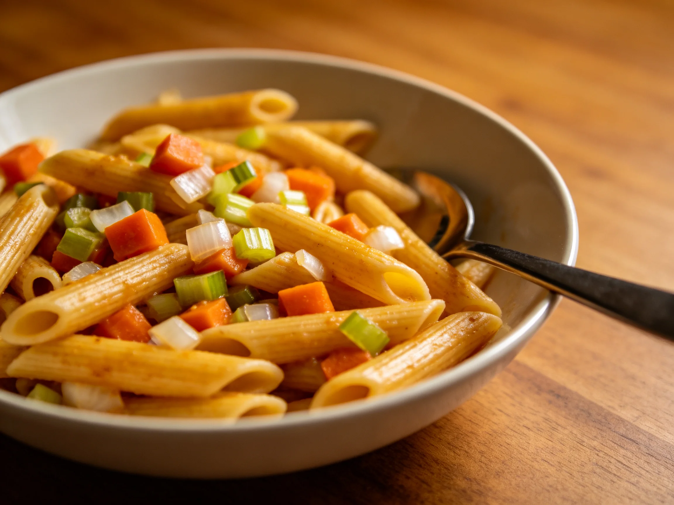 A bowl of penne pasta with diced carrots, celery, and onions