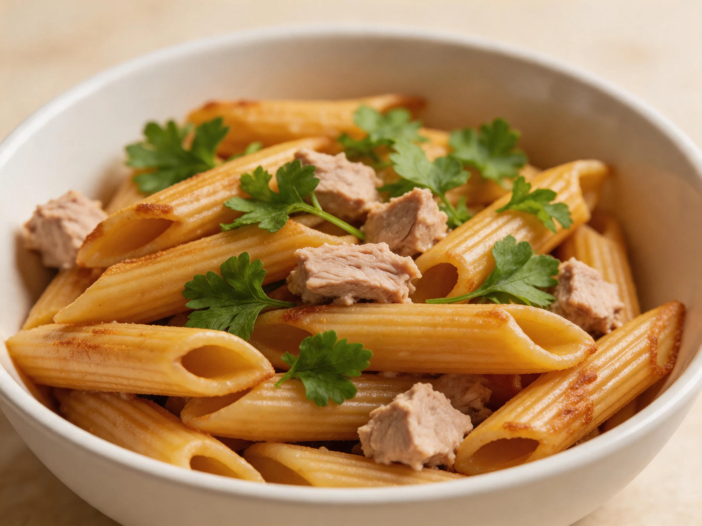 A bowl of penne pasta with tuna chunks and fresh parsley