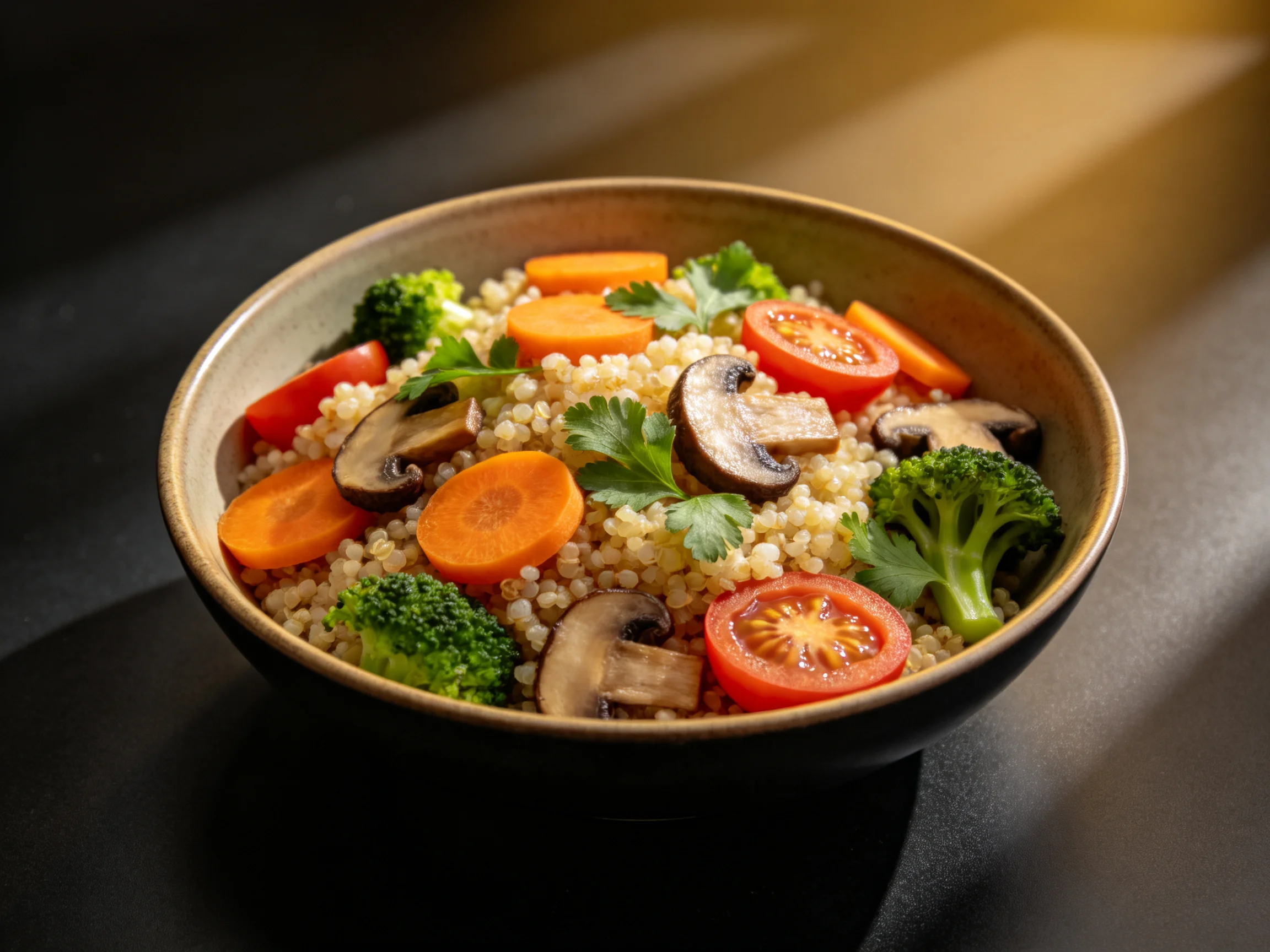 A bowl of quinoa mixed with colorful vegetables including carrots, tomatoes, broccoli, and mushrooms