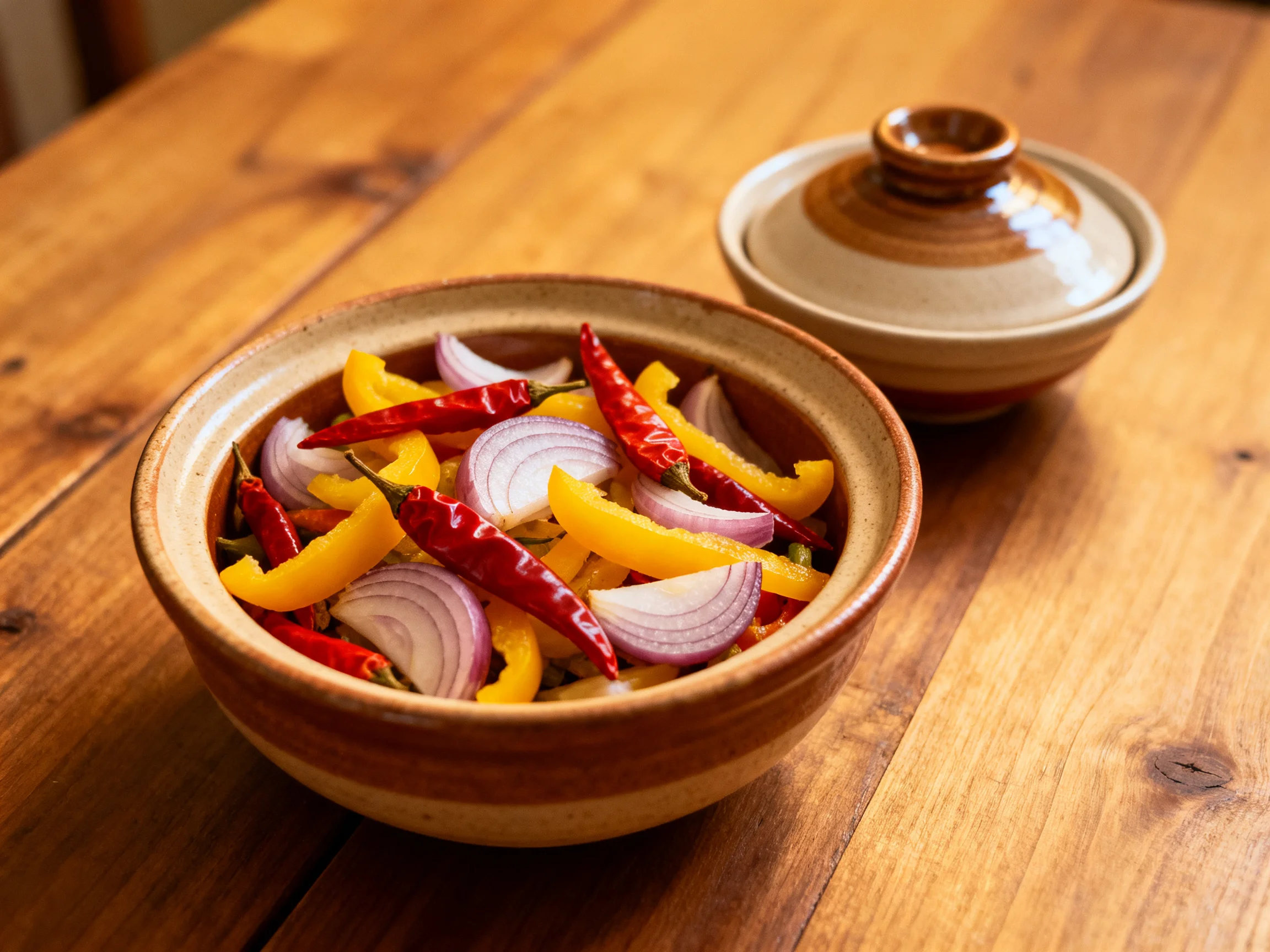 A bowl of red chilies, yellow peppers, and purple onions beside a lidded dish on a wooden table.