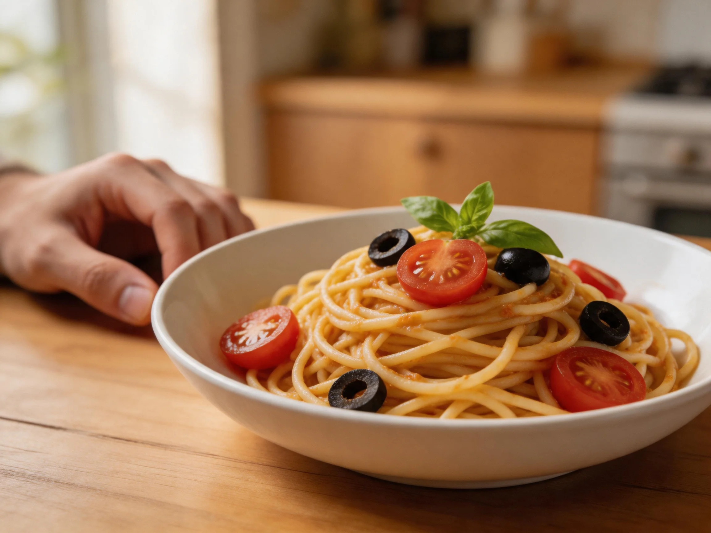 A bowl of spaghetti with cherry tomatoes, black olives, and basil on a wooden table