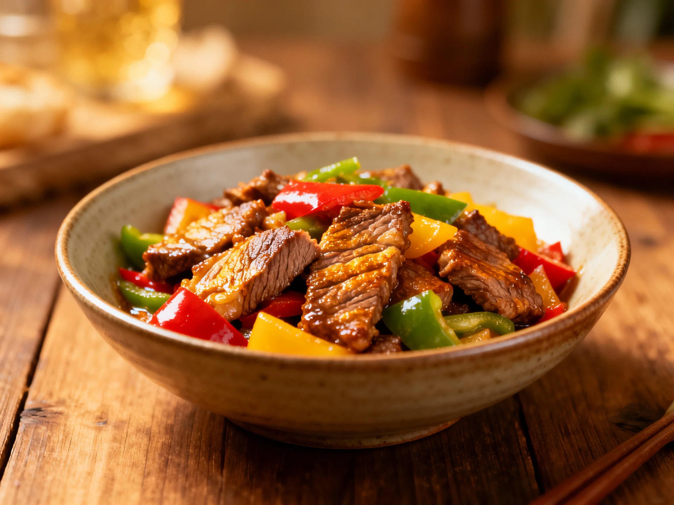 A bowl of stir - fried beef with vibrant red, green, and yellow bell peppers