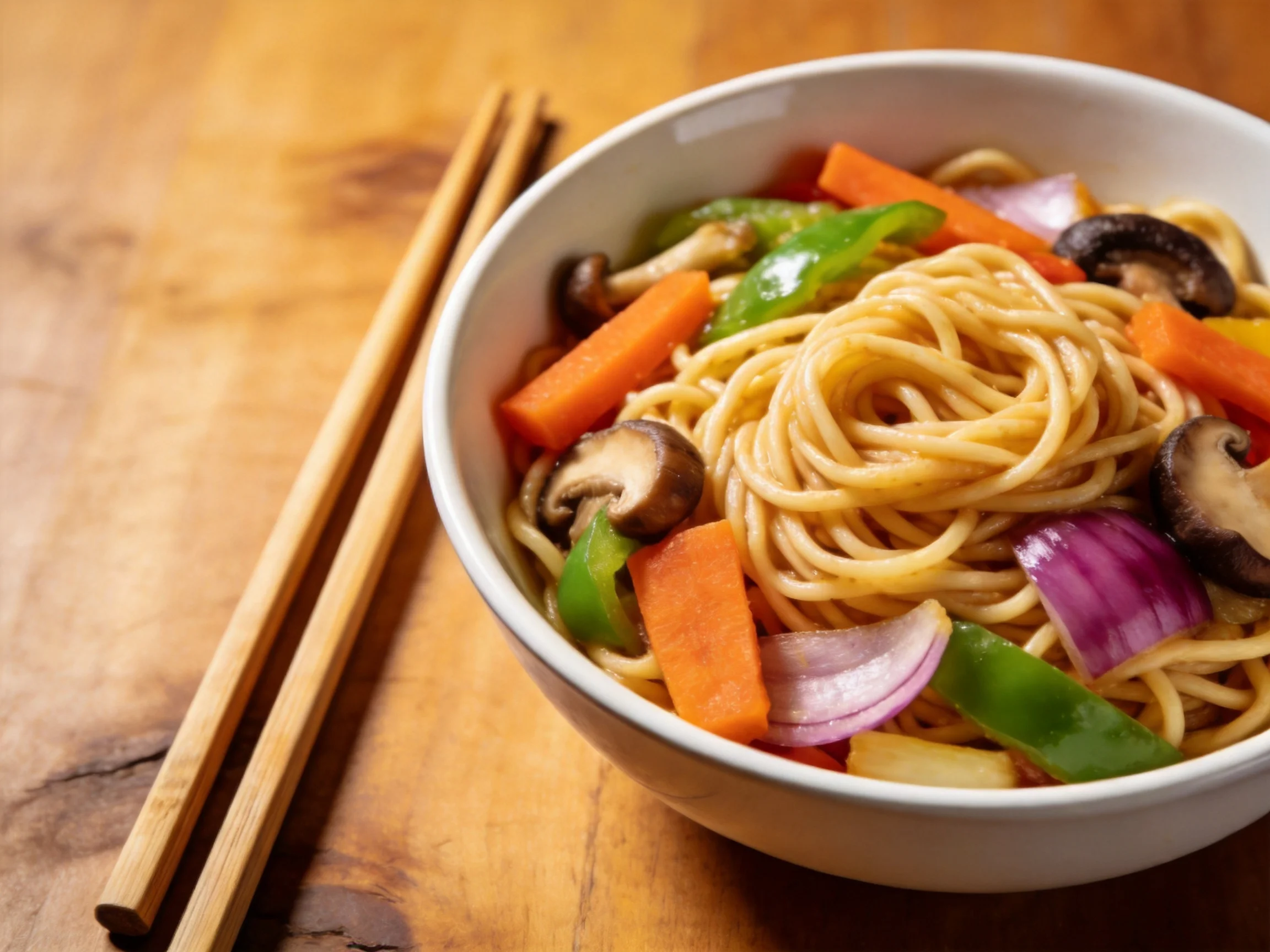 A bowl of stir - fried noodles with colorful vegetables and wooden chopsticks
