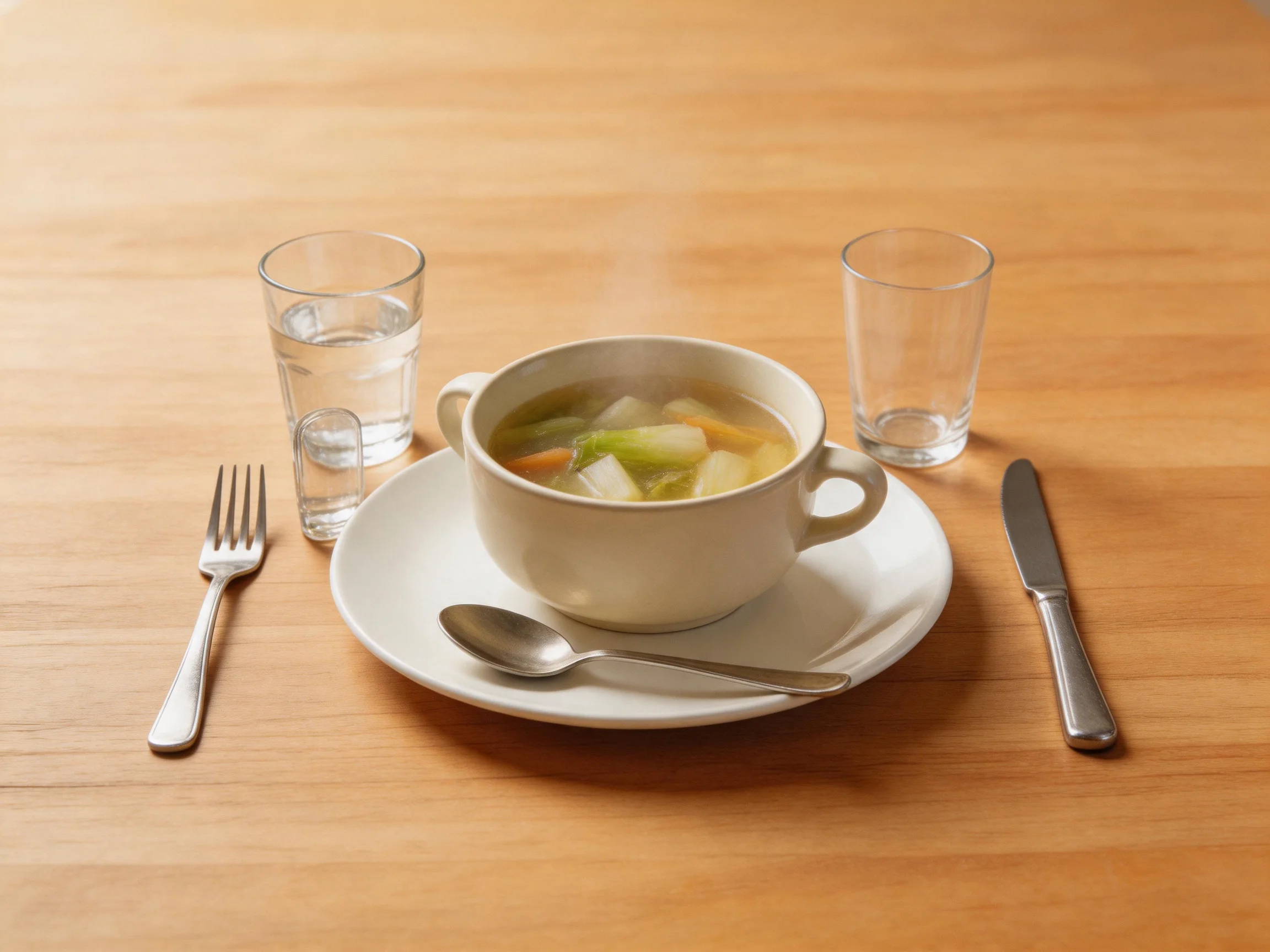A bowl of vegetable soup with utensils and two glasses on a wooden table