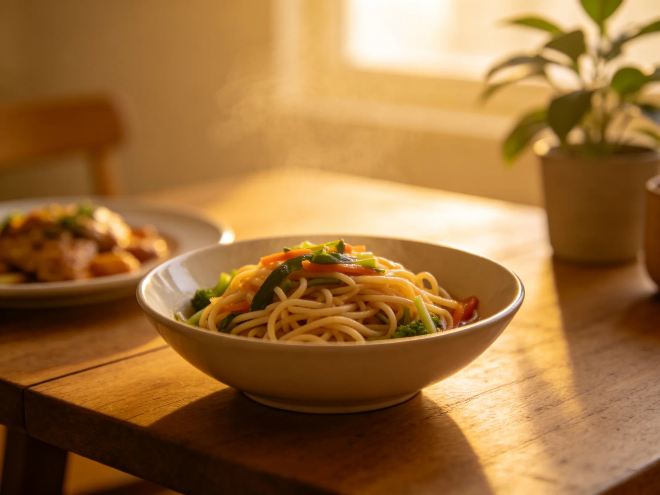 A bowl of vegetable stir - fry noodles sits on a wooden table with warm sunlight.