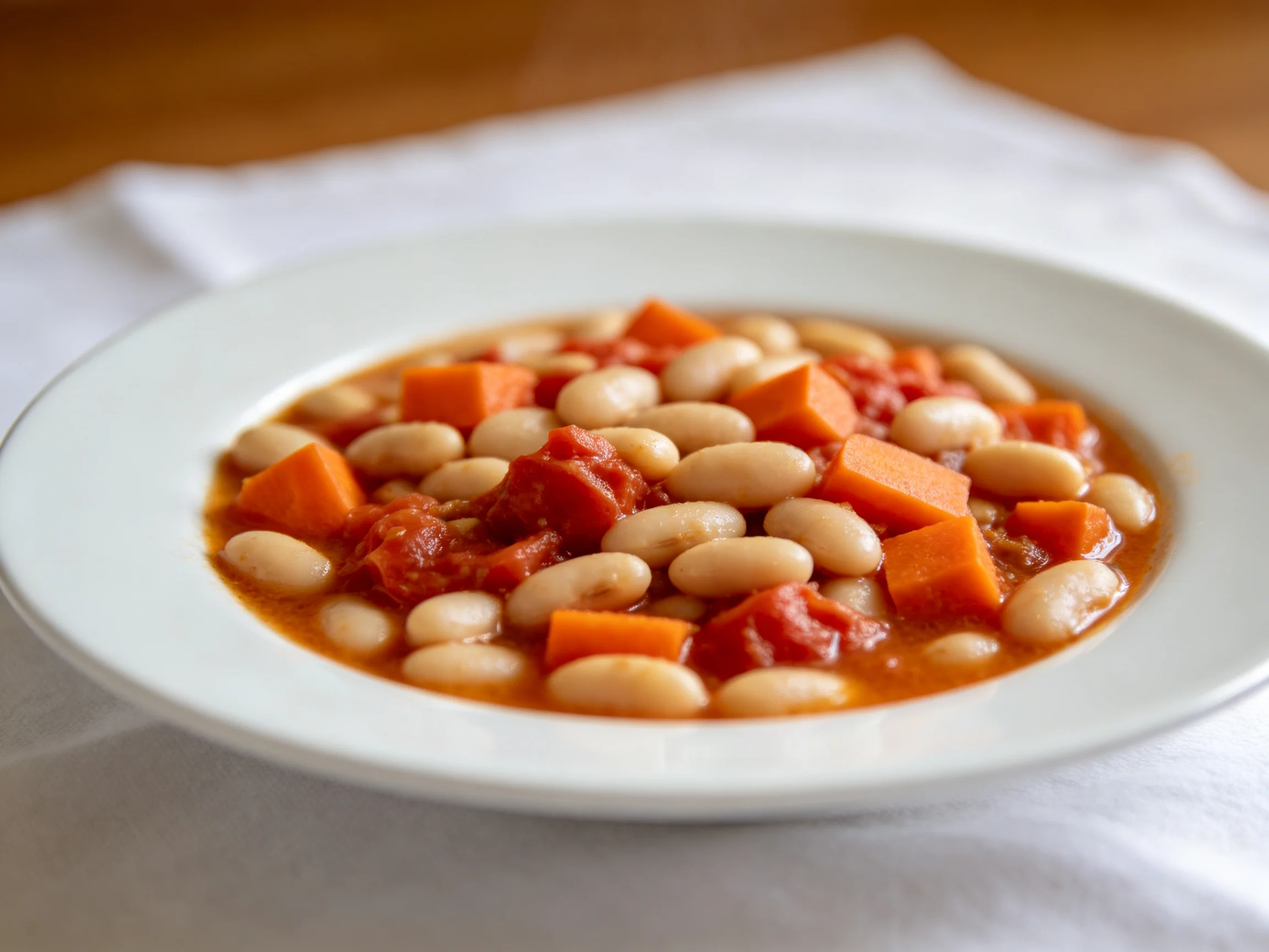 A bowl of white beans, orange carrots, and tomato sauce