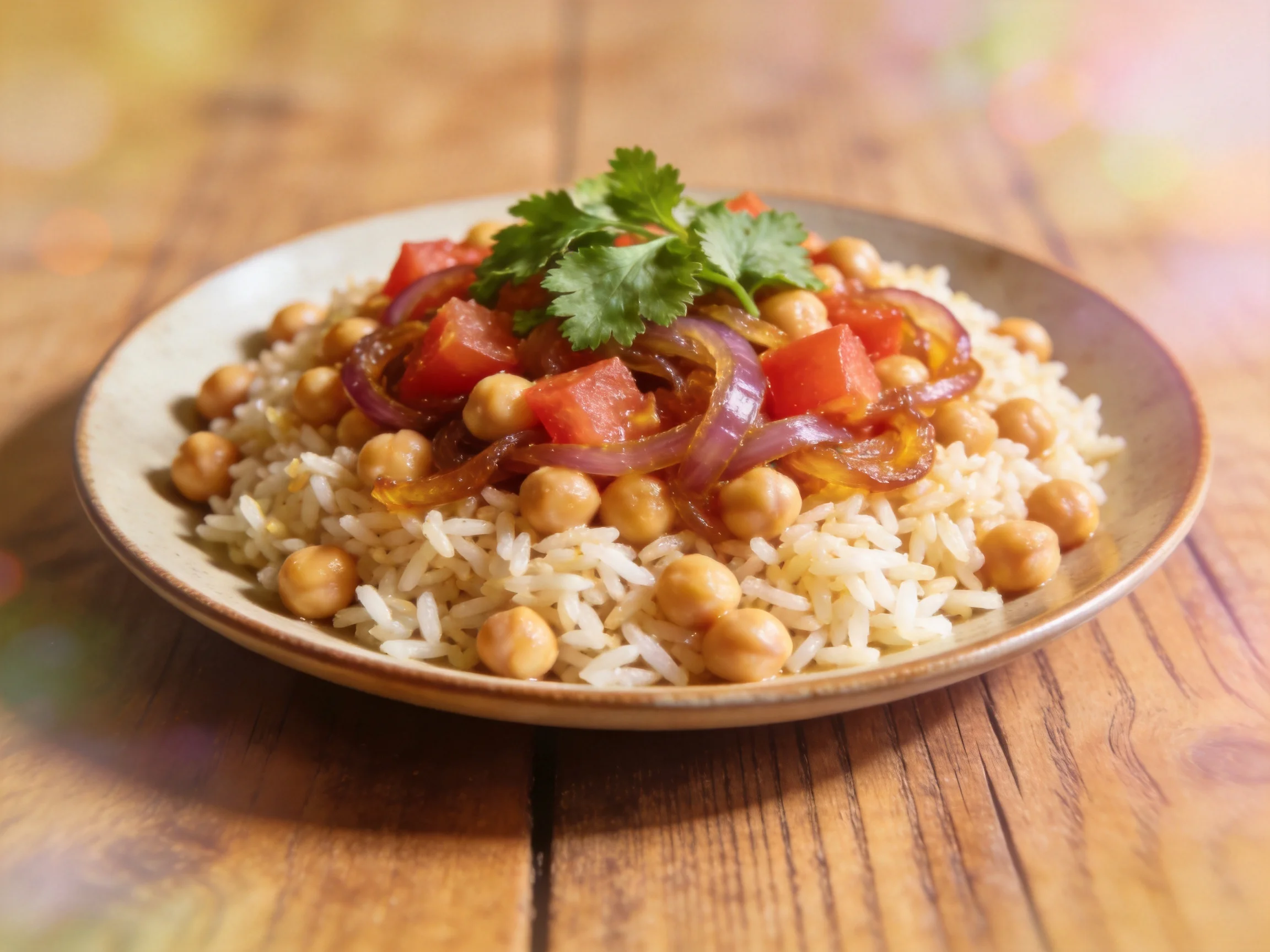 A bowl of white rice topped with chickpeas, tomatoes, onions, and cilantro