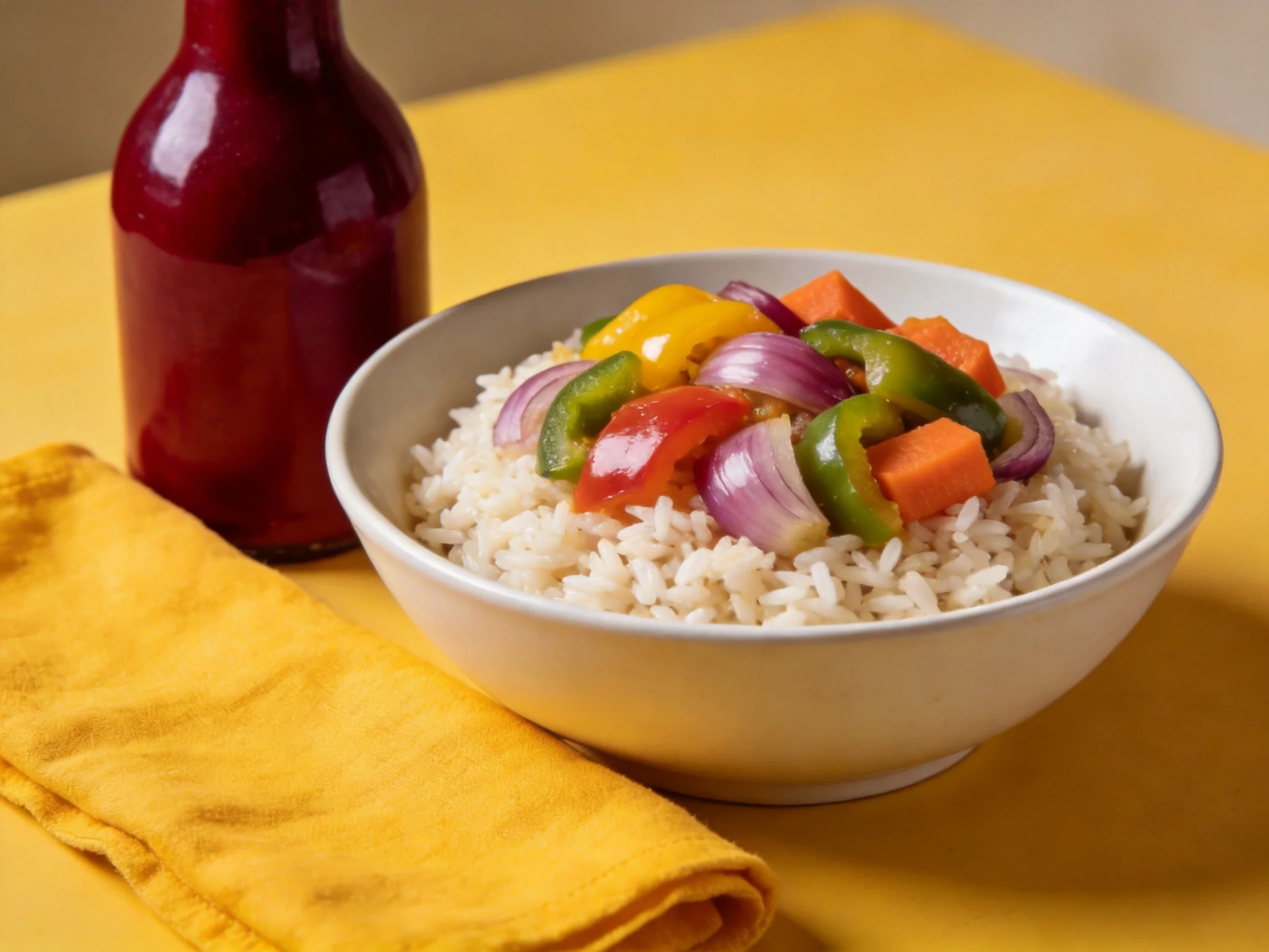 A bowl of white rice topped with colorful vegetables beside a red bottle