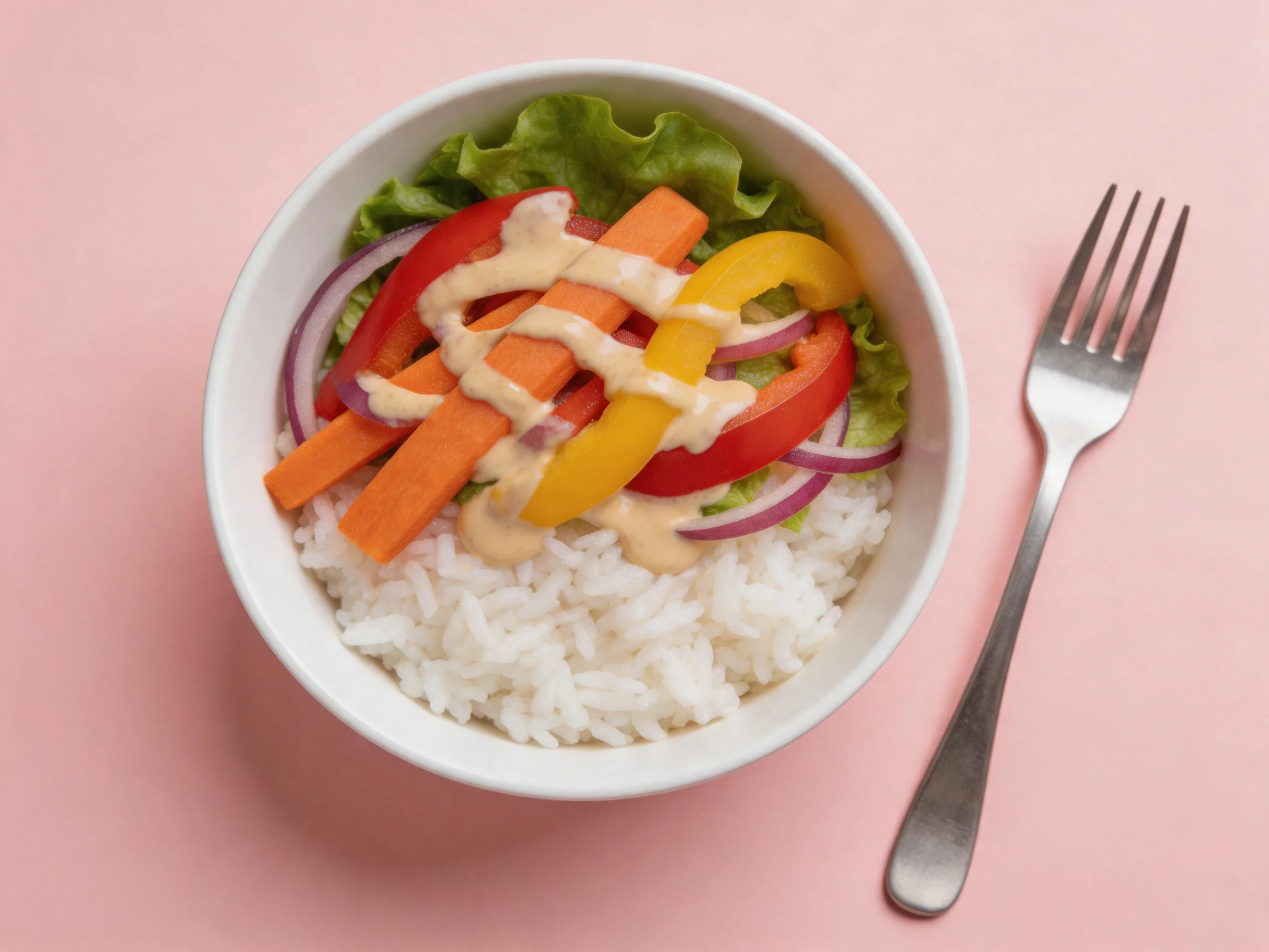 A bowl of white rice topped with mixed vegetables and creamy sauce