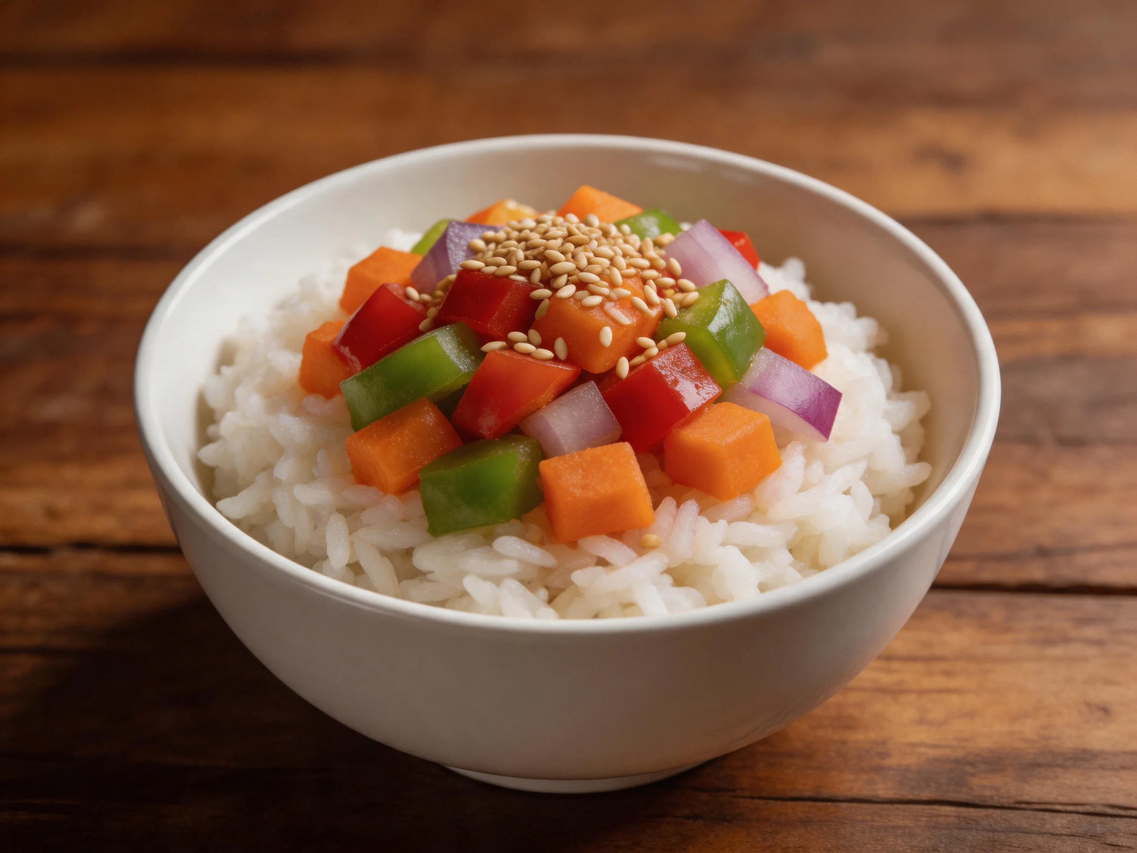 A bowl of white rice topped with vibrant diced vegetables and sesame seeds