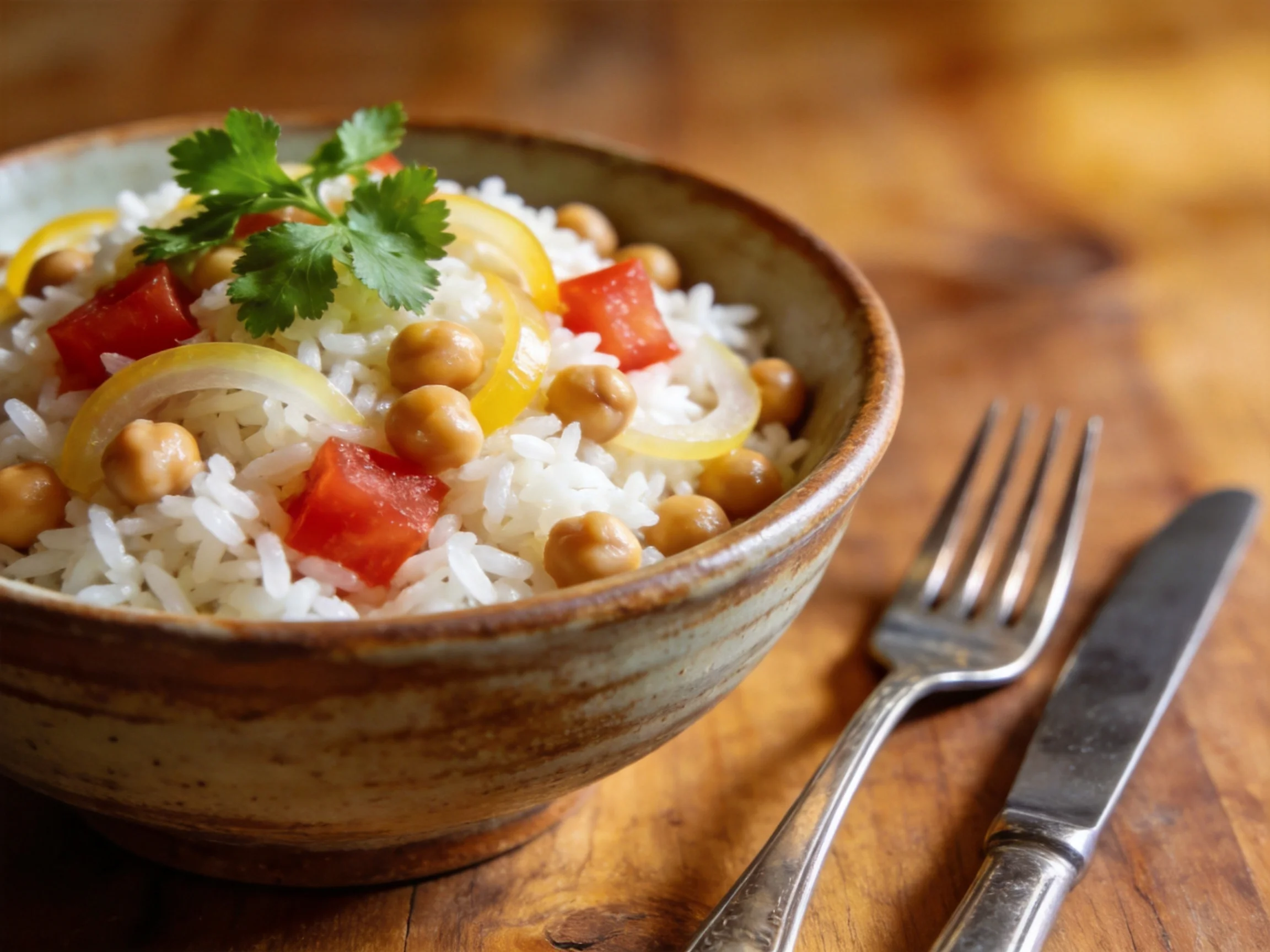 A bowl of white rice with chickpeas, tomatoes, and cilantro