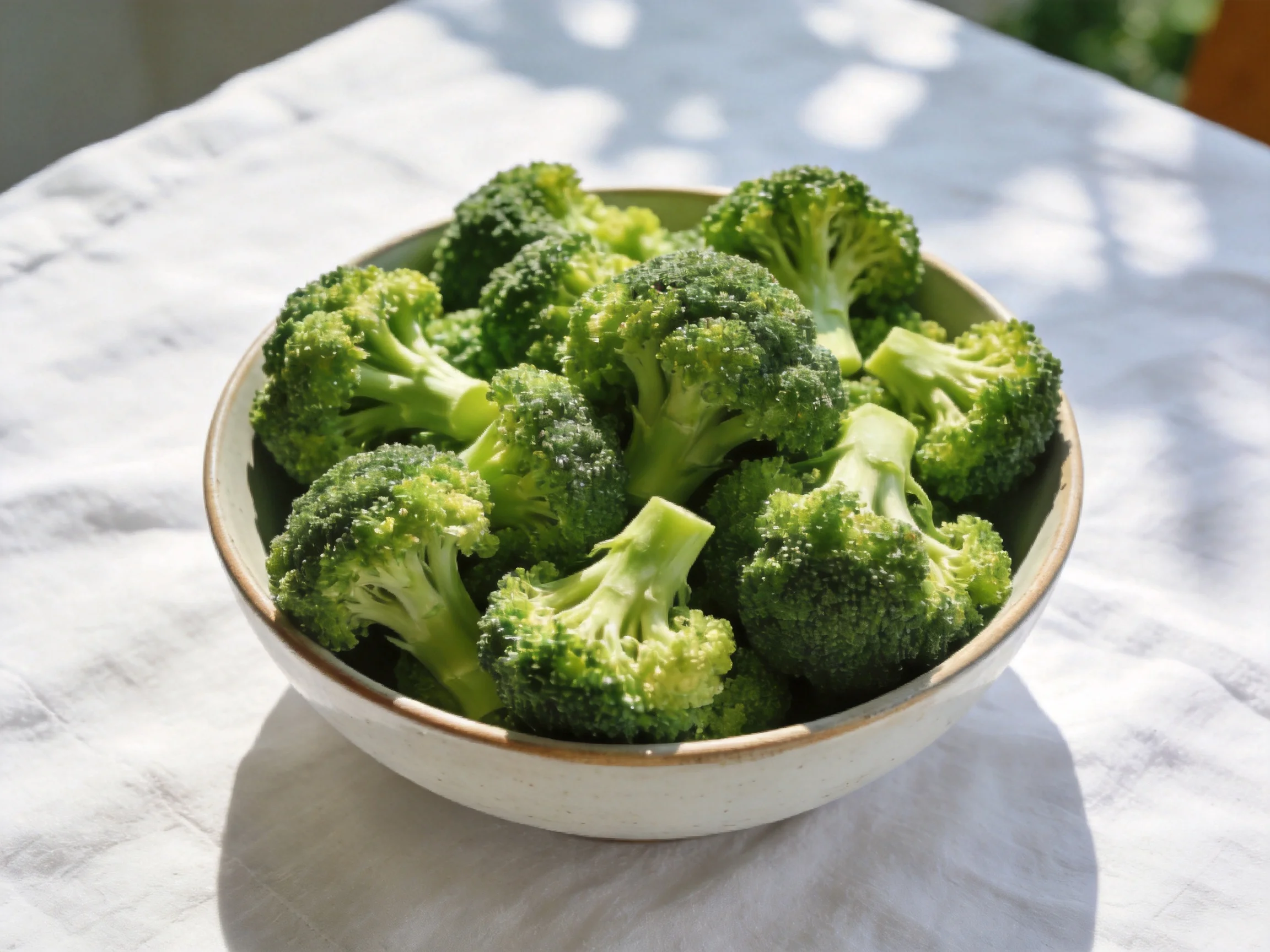 A bowl overflowing with fresh green broccoli florets on a white